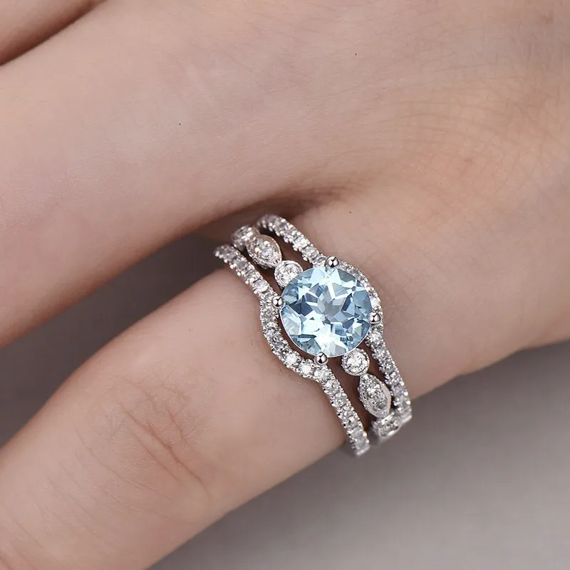 3pc blue aquamarine engagement ring set white gold diamond bridal set stacking matching band march birthstone unique wedding promise ring sold by Willwork Jewelry product image thumbnail 2