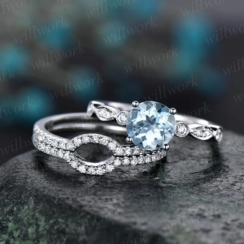 3pc blue aquamarine engagement ring set white gold diamond bridal set stacking matching band march birthstone unique wedding promise ring sold by Willwork Jewelry
