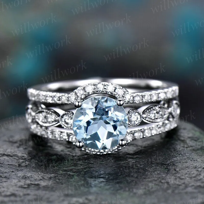 3pc blue aquamarine engagement ring set white gold diamond bridal set stacking matching band march birthstone unique wedding promise ring sold by Willwork Jewelry product image thumbnail 3