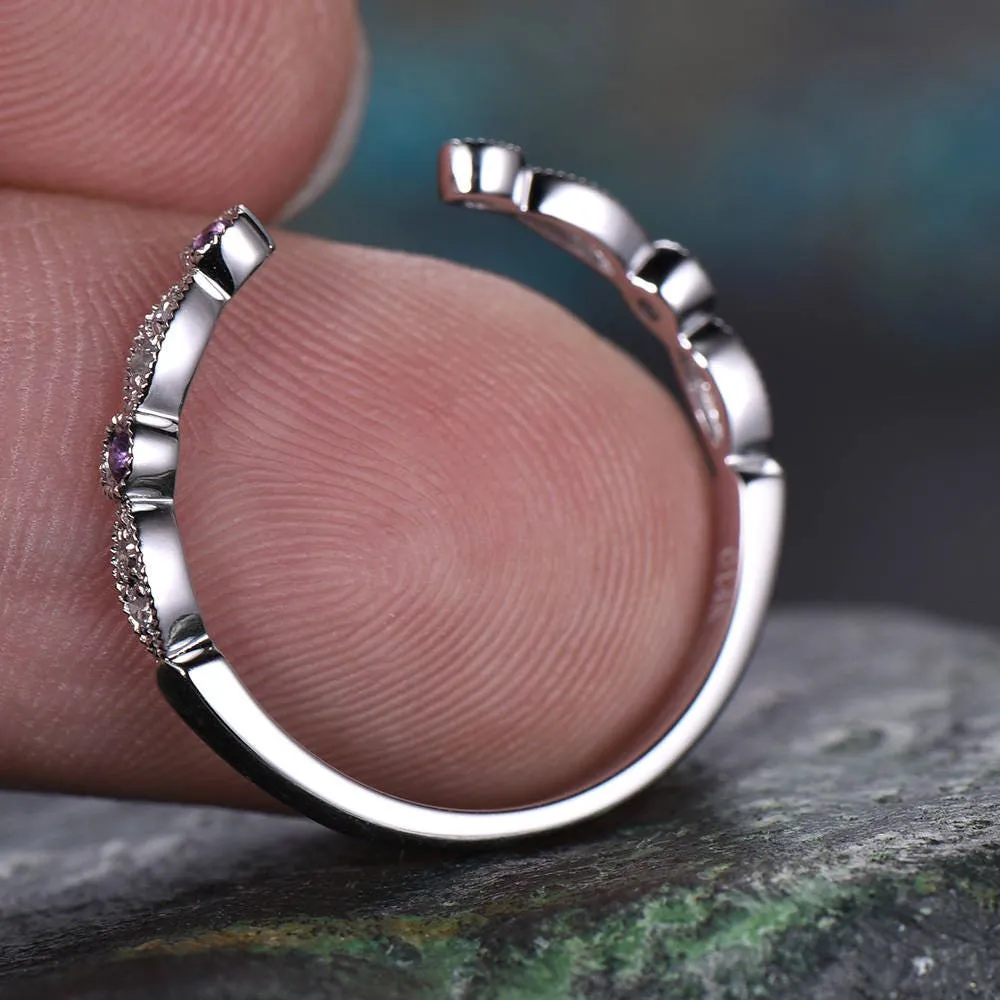 Amethyst diamond wedding ring band 14k white gold amethyst ring gold real diamond stacking half eternity open gap art deco ring band Migrain sold by Willwork Jewelry product image thumbnail 3