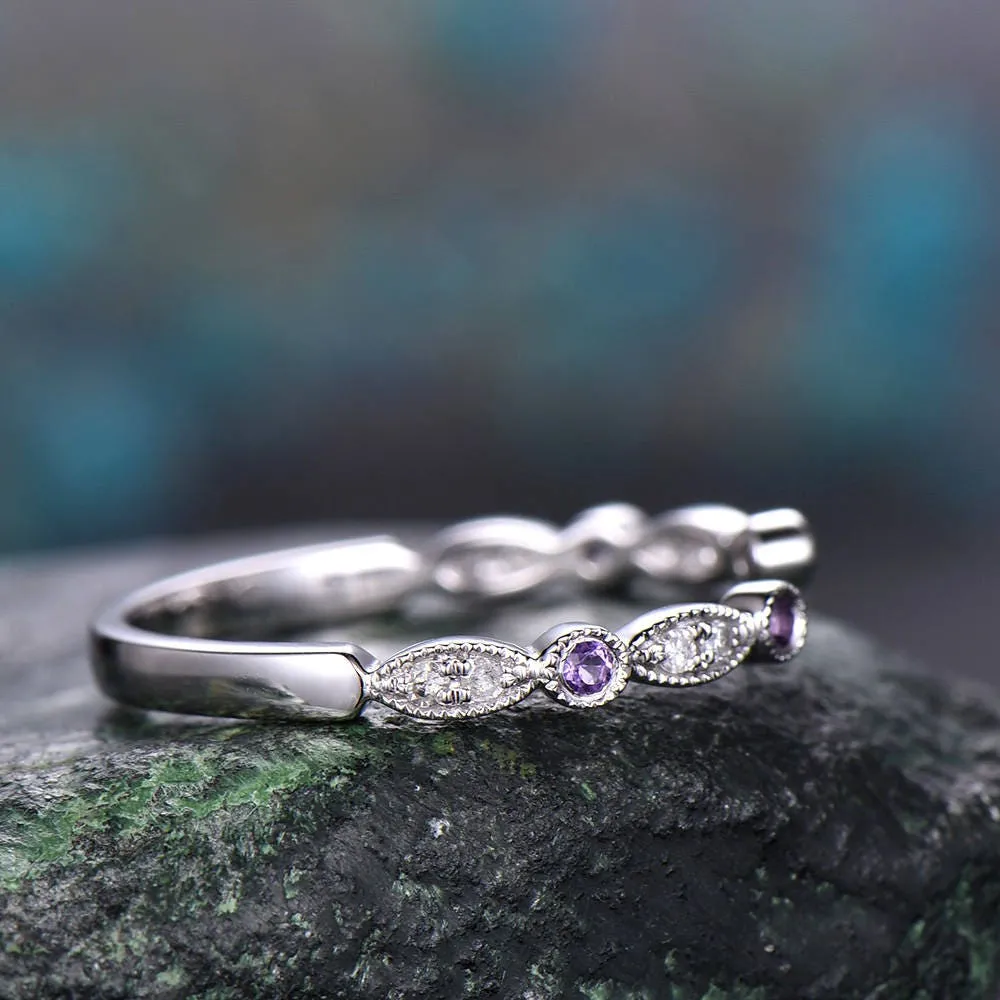 Amethyst diamond wedding ring band 14k white gold amethyst ring gold real diamond stacking half eternity open gap art deco ring band Migrain sold by Willwork Jewelry product image thumbnail 5