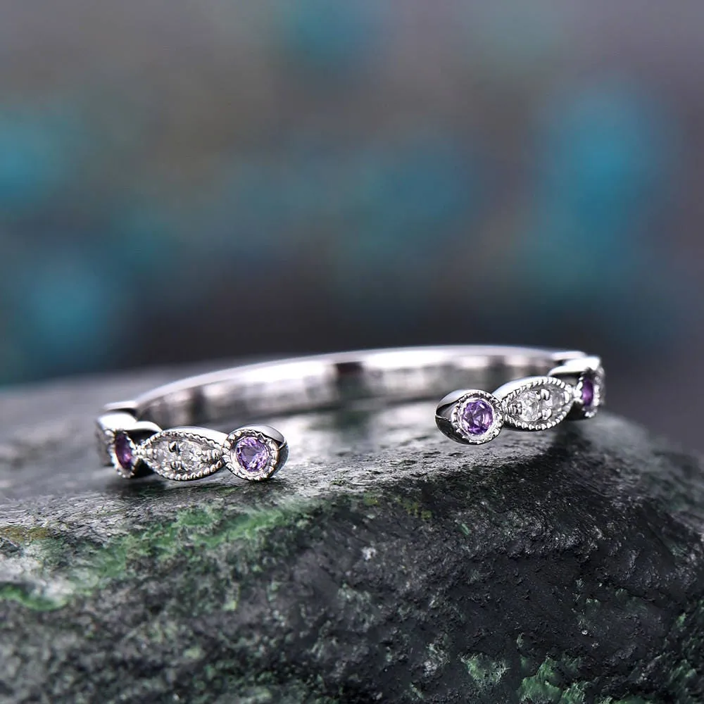 Amethyst diamond wedding ring band 14k white gold amethyst ring gold real diamond stacking half eternity open gap art deco ring band Migrain sold by Willwork Jewelry