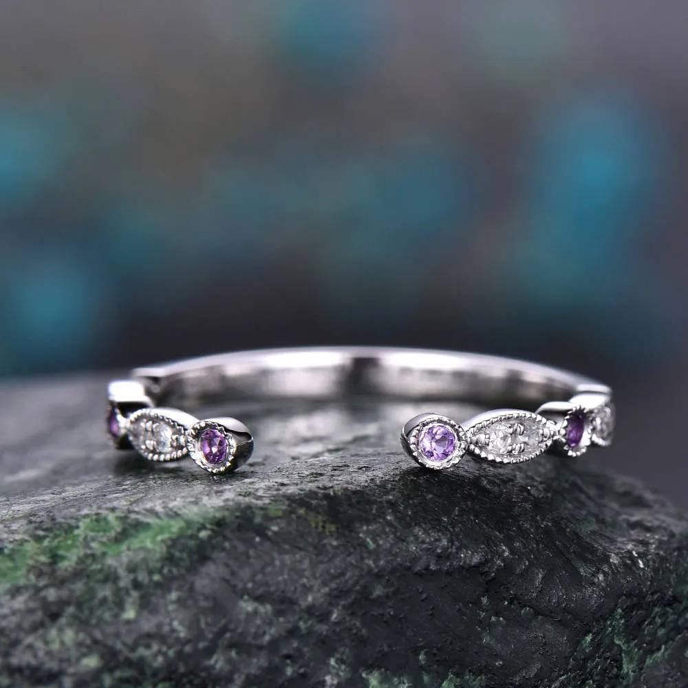 Amethyst diamond wedding ring band 14k white gold amethyst ring gold real diamond stacking half eternity open gap art deco ring band Migrain sold by Willwork Jewelry product image thumbnail 4