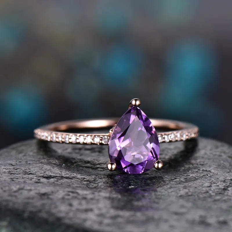 Amethyst engagement ring pear shaped-Solid 14k rose gold-handmade under halo diamond ring-pave set stacking band- February Birthstone ring sold by Willwork Jewelry