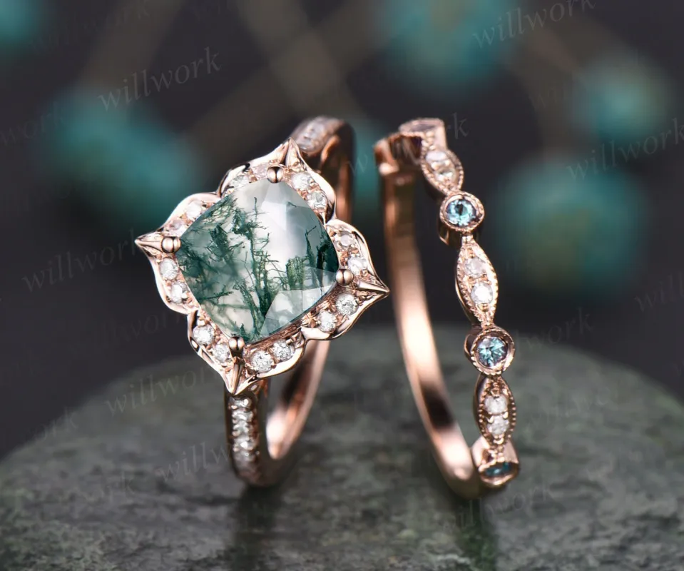 Unique bridal ring set cushion moss agate engagement ring set rose gold vintage flower halo diamond ring Milgrain alexandrite wedding band sold by Willwork Jewelry