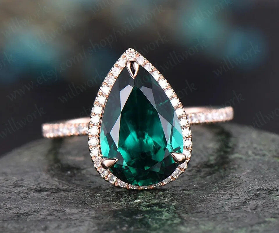 8x12mm emerald engagement ring rose gold diamond halo ring big emerald ring gold unique art deco pear antique wedding bridal promise ring sold by Willwork Jewelry