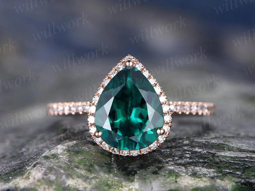 Emerald wedding ring 7x9mm pear cut emerald engagement ring rose gold handmade diamond halo ring may birthstone bridal promise ring for her made by Willwork Jewelry