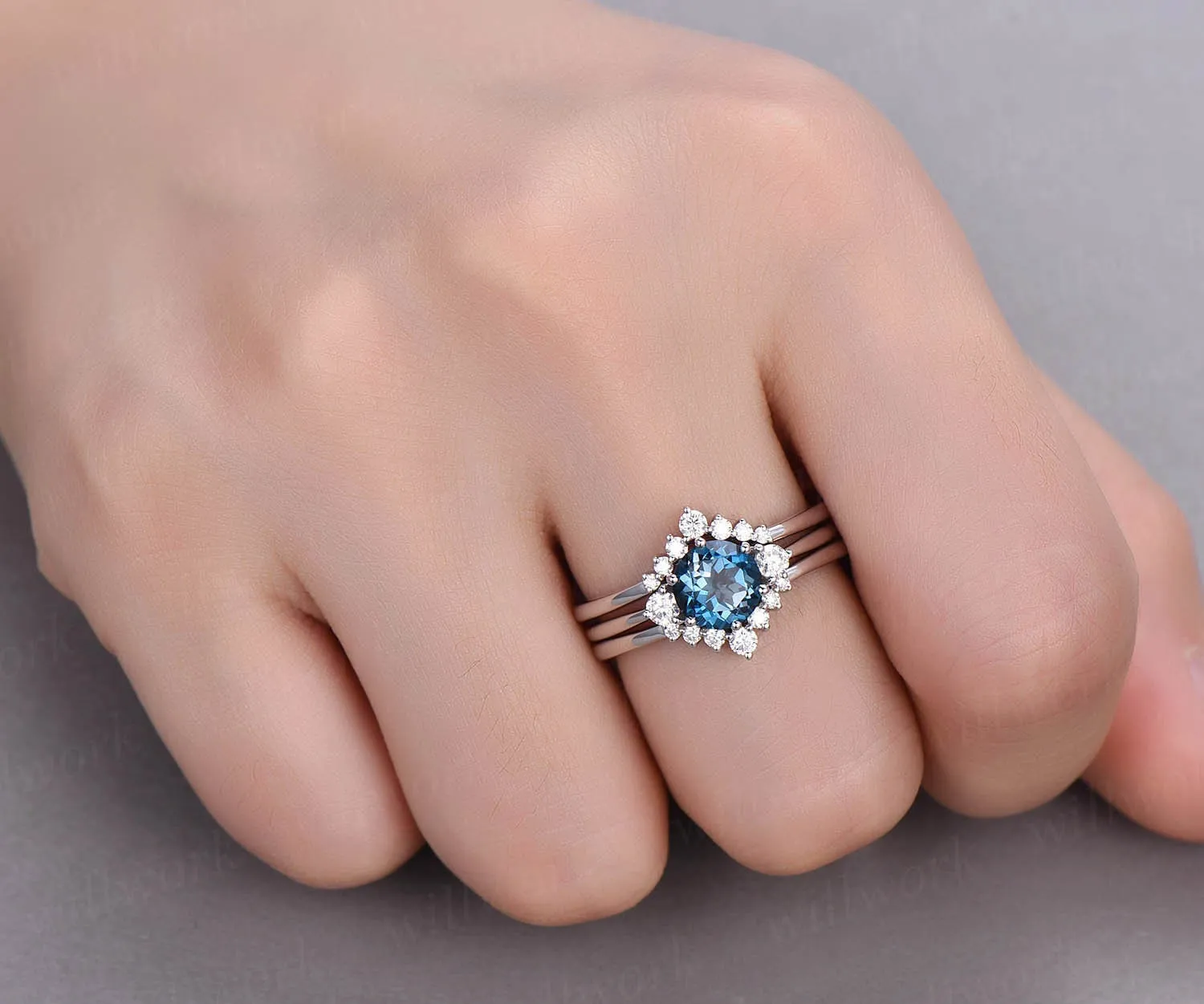 3pcs London blue topaz engagement ring set rose gold topaz ring vintage white gold moissanite matching stack women wedding bridal ring set sold by Willwork Jewelry product image thumbnail 2