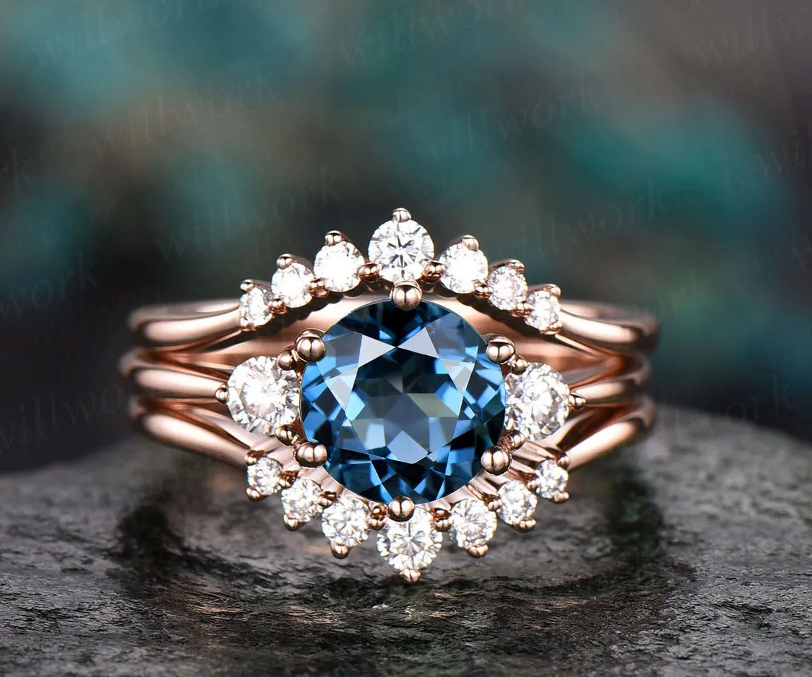 3pcs London blue topaz engagement ring set rose gold topaz ring vintage white gold moissanite matching stack women wedding bridal ring set sold by Willwork Jewelry product image thumbnail 3