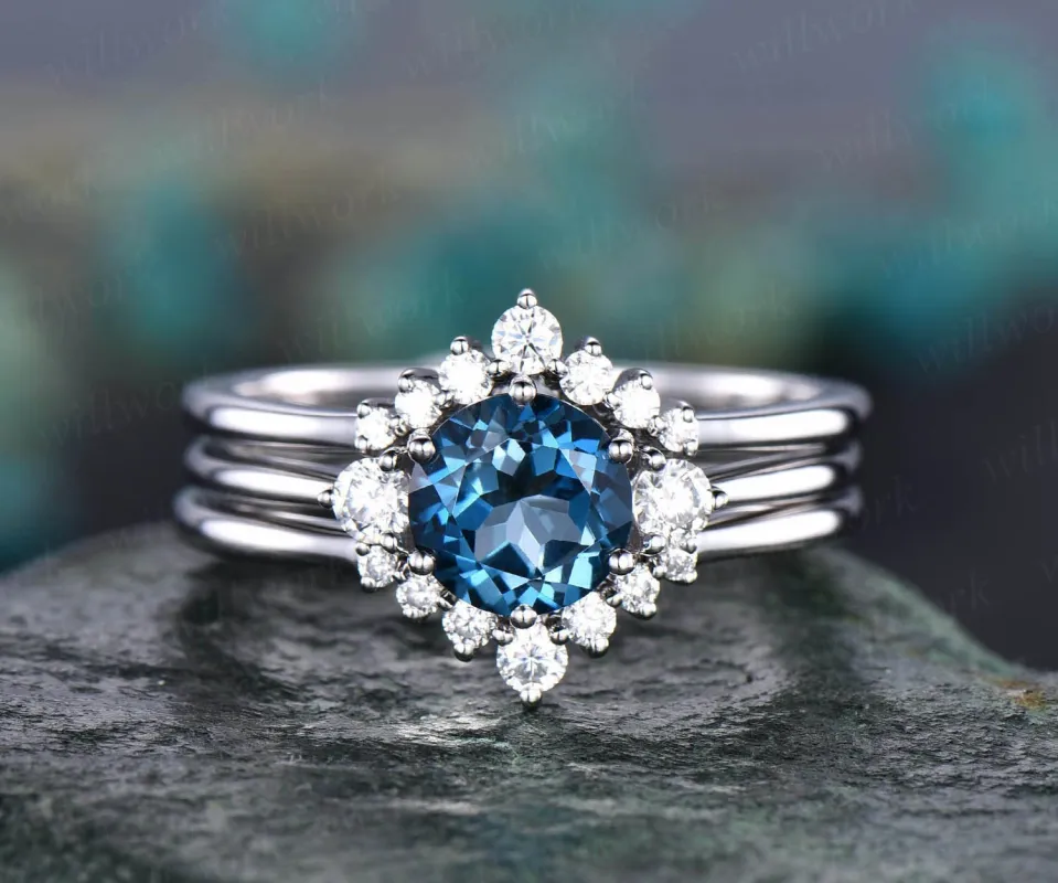 3pcs London blue topaz engagement ring set rose gold topaz ring vintage white gold moissanite matching stack women wedding bridal ring set made by Willwork Jewelry