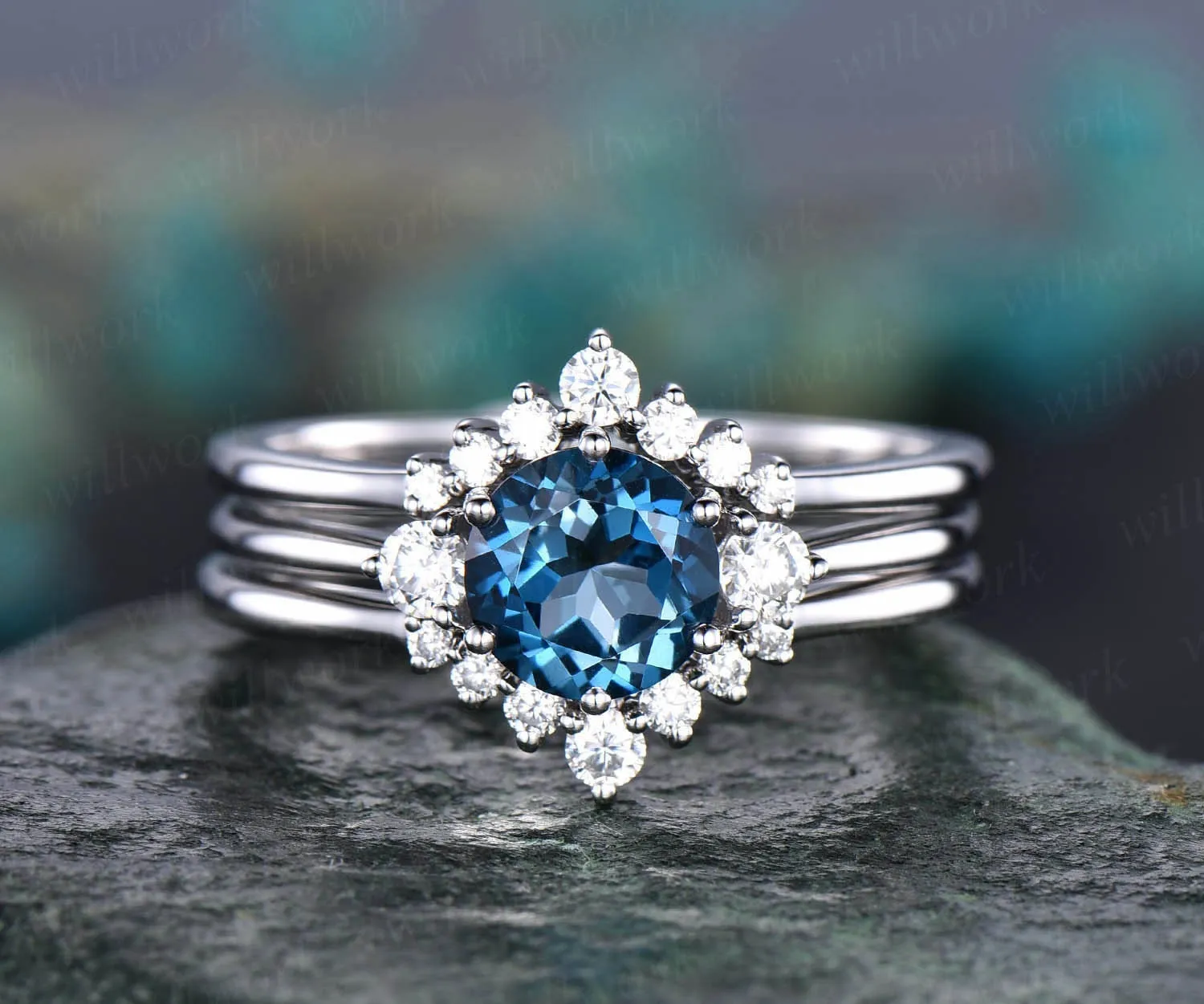 3pcs London blue topaz engagement ring set rose gold topaz ring vintage white gold moissanite matching stack women wedding bridal ring set sold by Willwork Jewelry