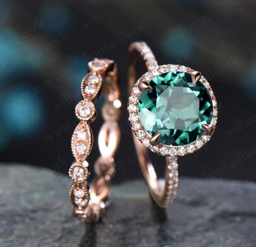 Emerald ring vintage emerald engagement ring set rose gold full eternity matching marquise diamond halo ring band bridal wedding ring set sold by Willwork Jewelry
