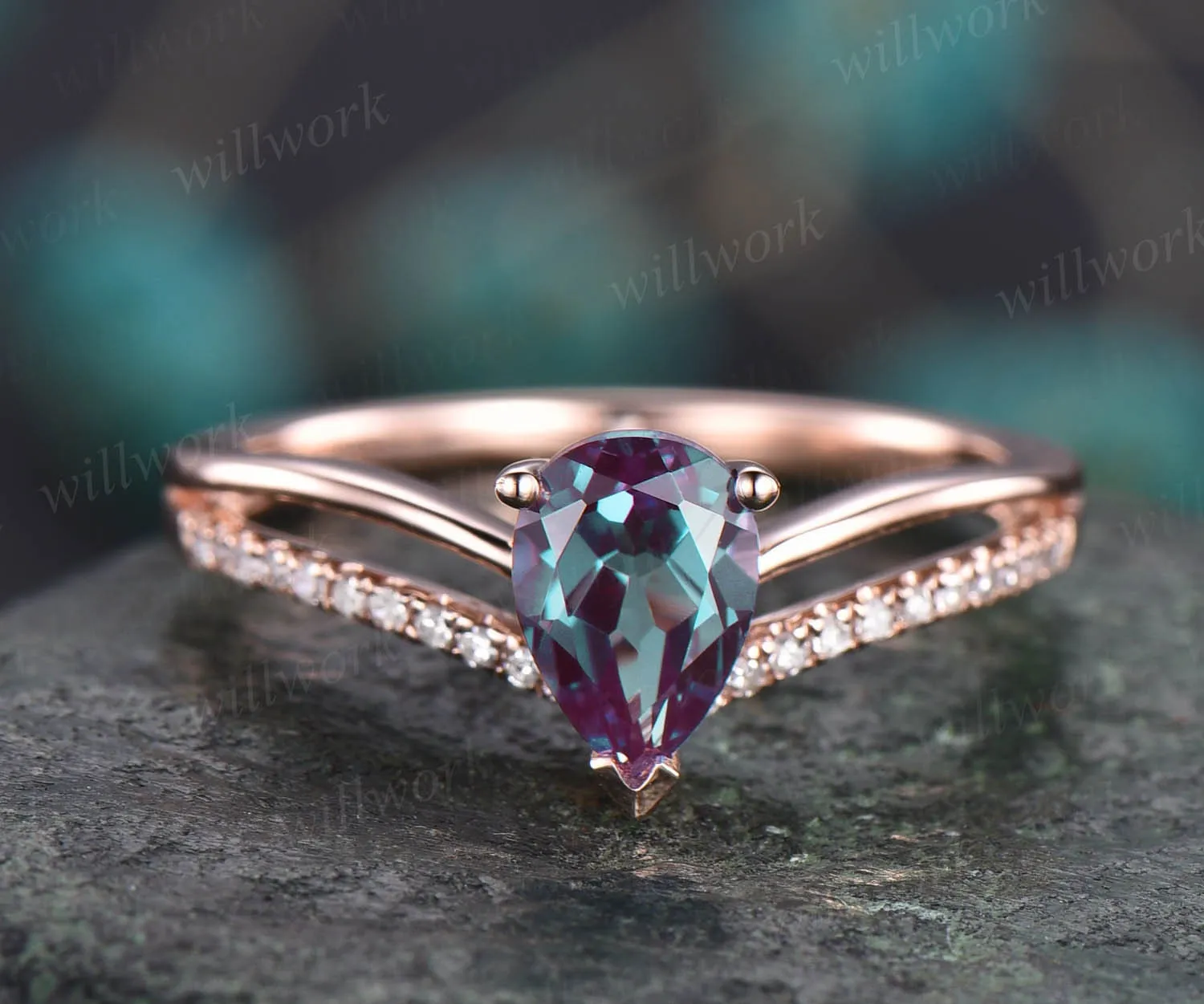 5x7mm Pear Lab treated Alexandrite engagement ring rose gold diamond split shank stacking ring vintage engagement ring June birthstone ring sold by Willwork Jewelry product image thumbnail 3