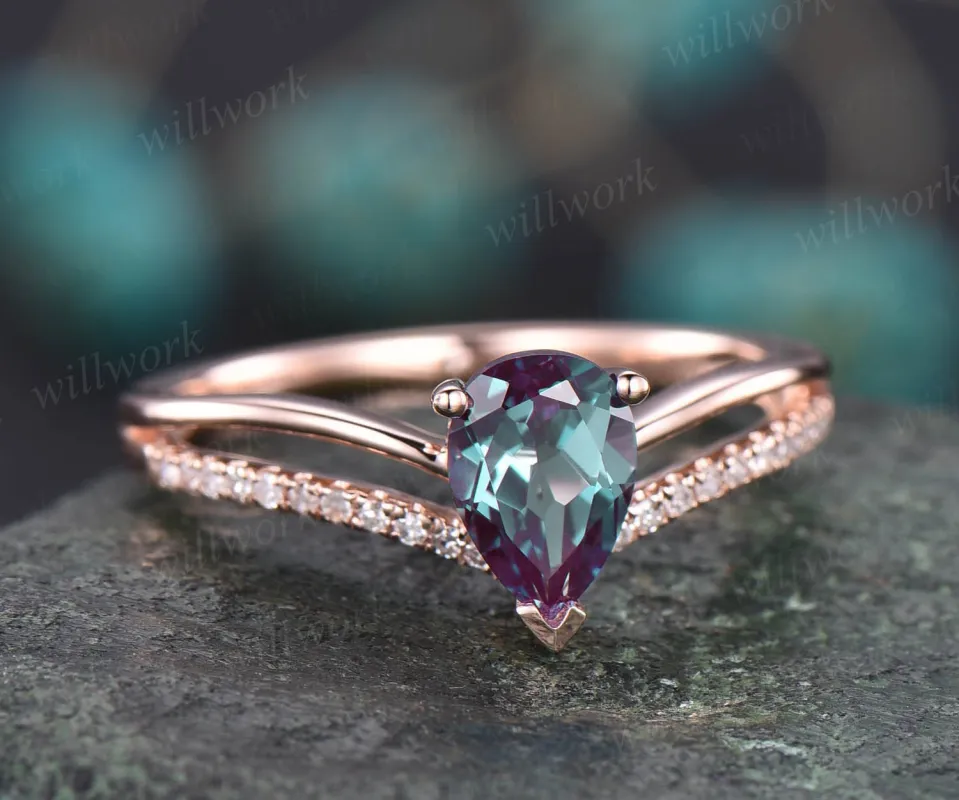 5x7mm Pear Lab treated Alexandrite engagement ring rose gold diamond split shank stacking ring vintage engagement ring June birthstone ring sold by Willwork Jewelry