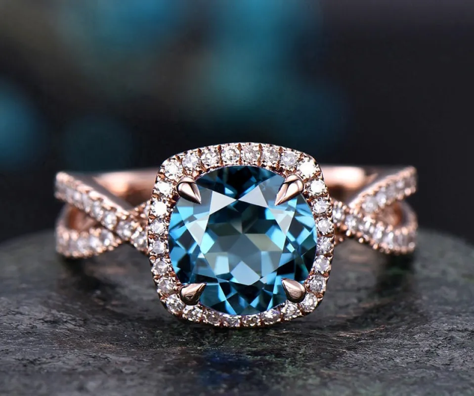 London blue topaz engagement ring rose gold round topaz ring women vintage unique infinity diamond halo November birthstone wedding ring made by Willwork Jewelry