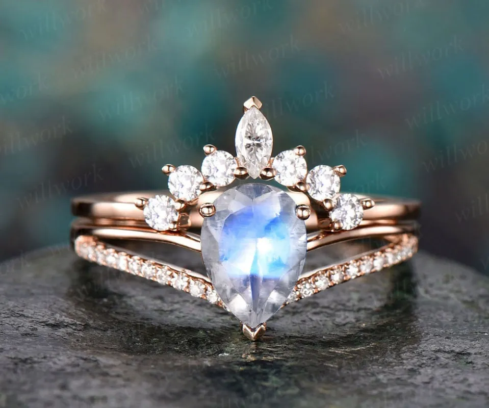 2pc natural moonstone engagement ring set rose gold diamond moissanite ring band marquise vintage stack crown women wedding bridal ring set sold by Willwork Jewelry