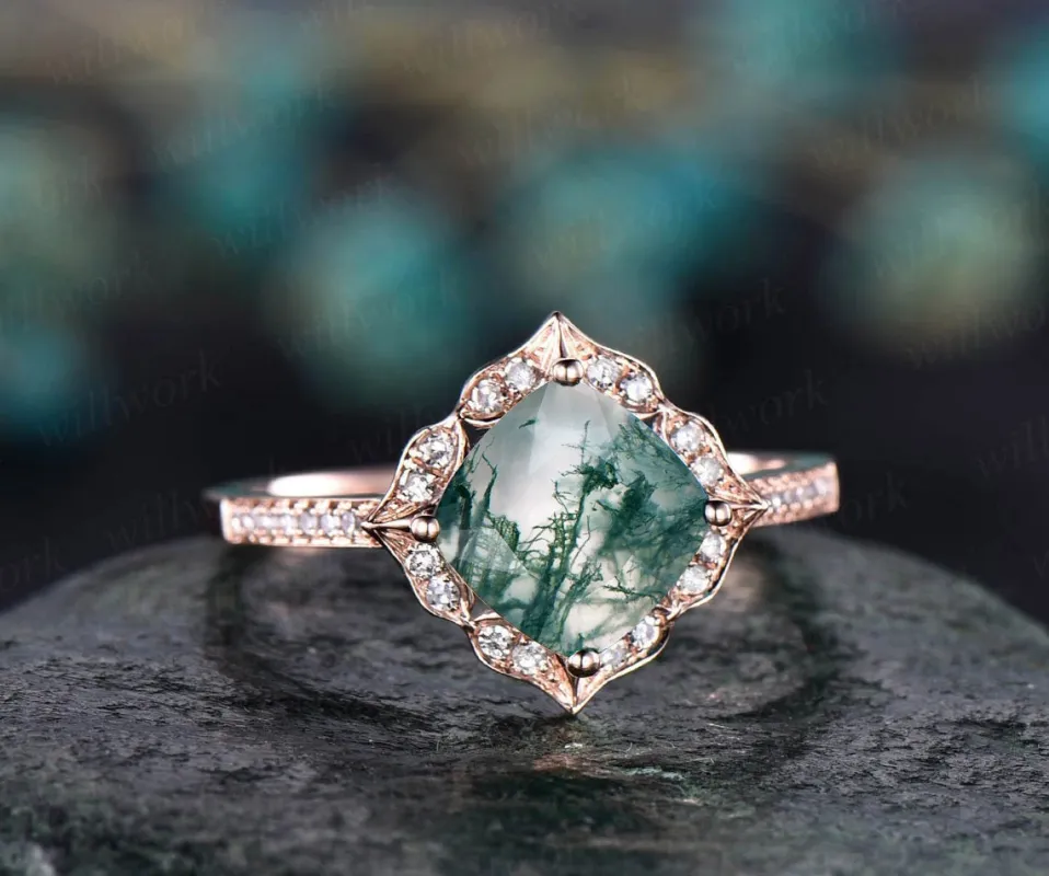 Cushion cut moss agate engagement ring vintage moss agate ring rose gold flower diamond ring halo ring green moss ring anniversary ring gift sold by Willwork Jewelry