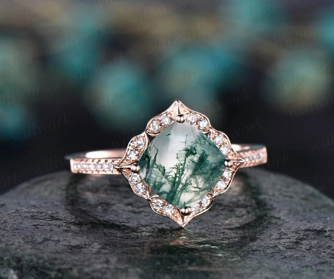 Cushion cut moss agate engagement ring vintage moss agate ring rose gold flower diamond ring halo ring green moss ring anniversary ring gift sold by Willwork Jewelry