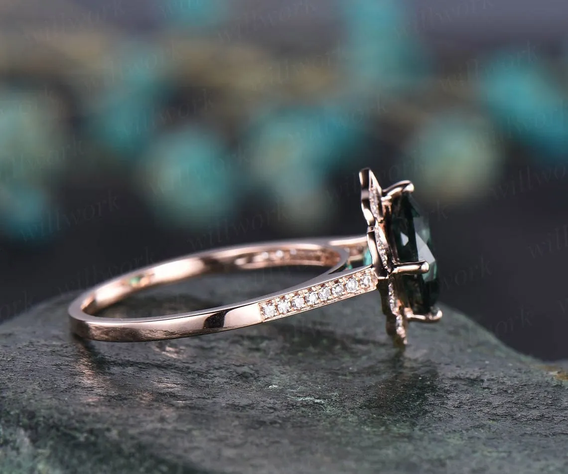 Cushion cut moss agate engagement ring vintage moss agate ring rose gold flower diamond ring halo ring green moss ring anniversary ring gift sold by Willwork Jewelry product image thumbnail 5