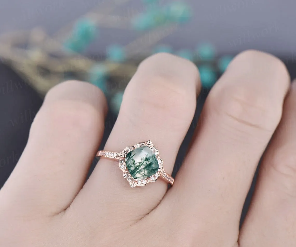 Cushion cut moss agate engagement ring vintage moss agate ring rose gold flower diamond ring halo ring green moss ring anniversary ring gift sold by Willwork Jewelry product image thumbnail 4