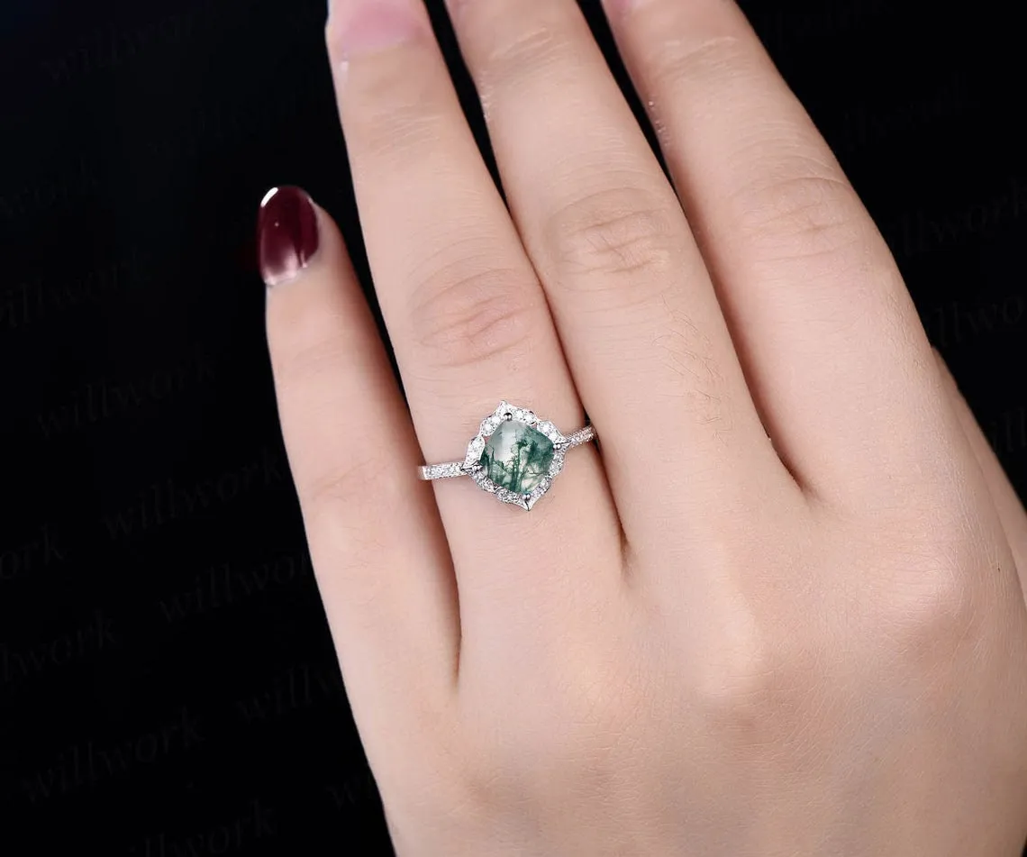 Cushion cut moss agate engagement ring vintage moss agate ring rose gold flower diamond ring halo ring green moss ring anniversary ring gift sold by Willwork Jewelry product image thumbnail 2
