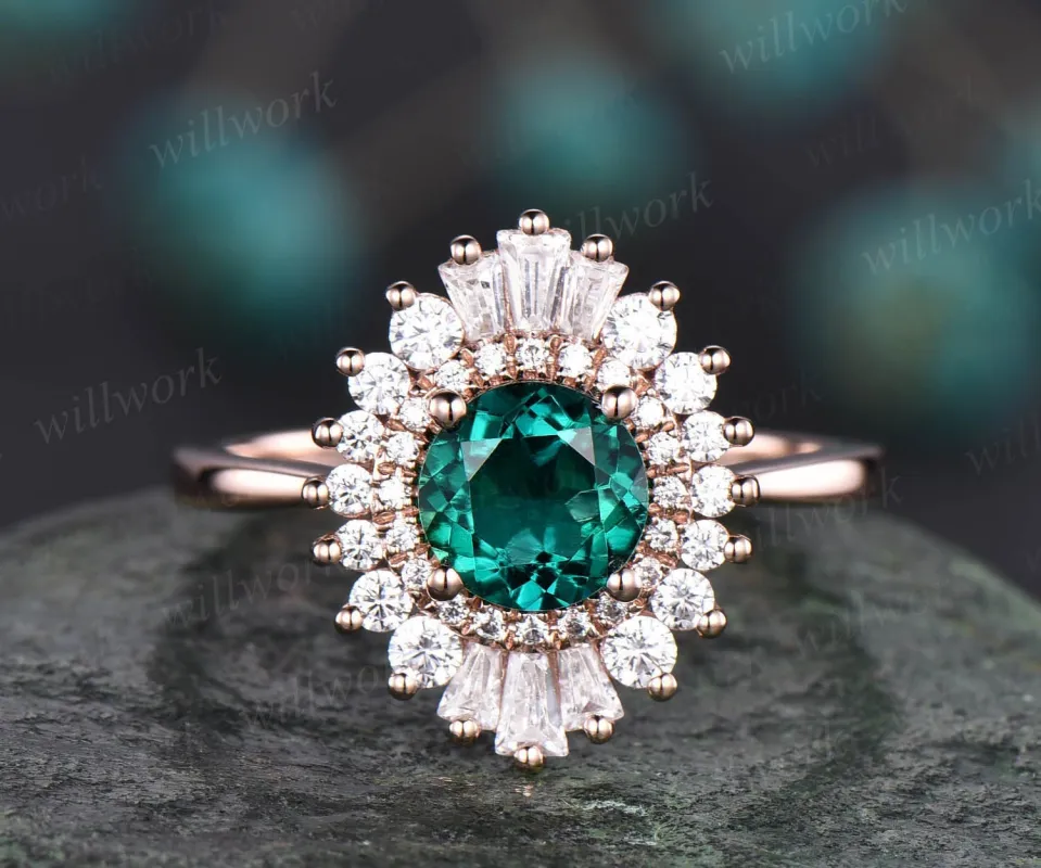 Unique vintage engagement ring round green emerald engagement ring 14k rose gold May birthesotne ring CZ halo cluster ring gift for her sold by Willwork Jewelry
