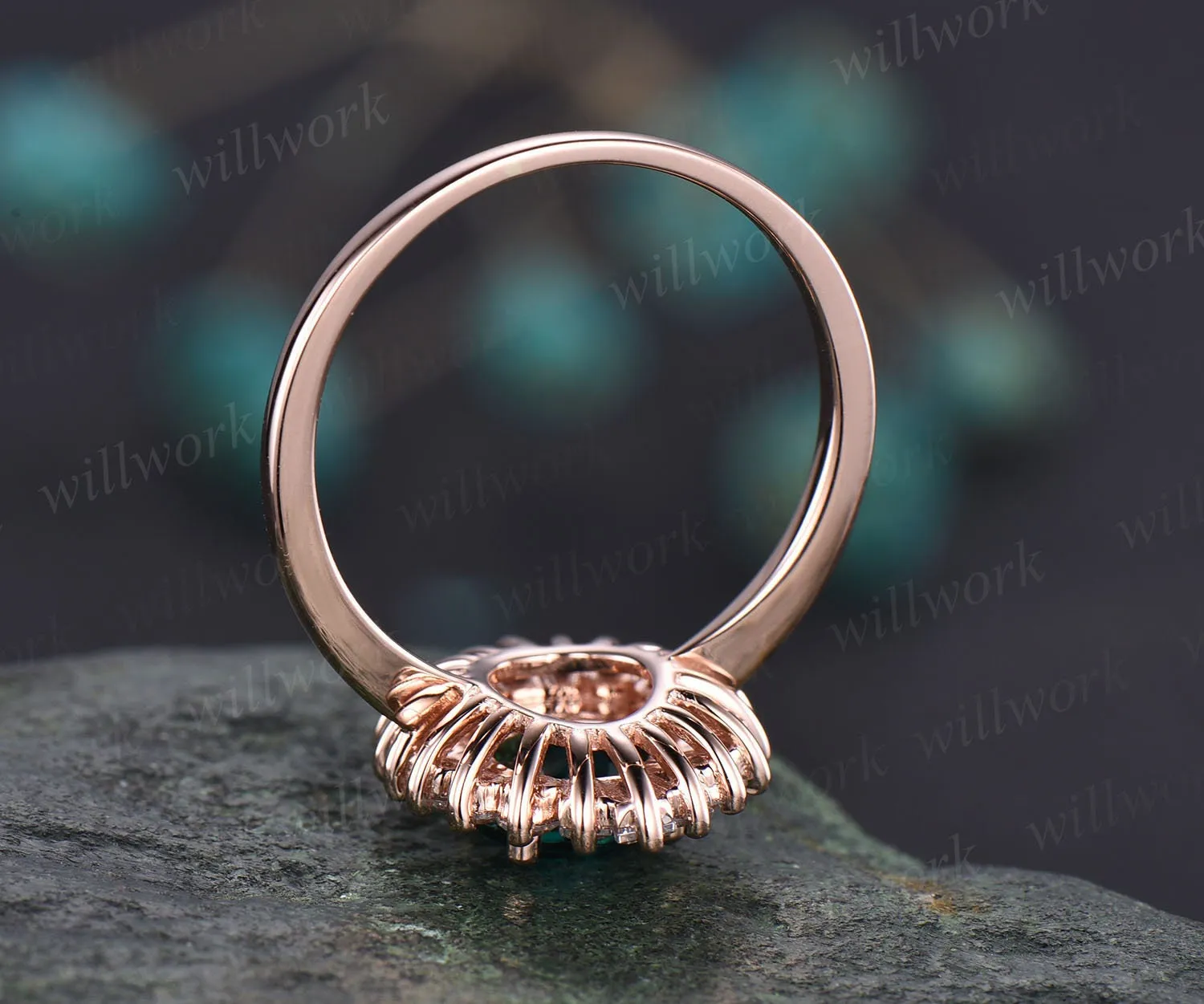 Unique vintage engagement ring round green emerald engagement ring 14k rose gold May birthesotne ring CZ halo cluster ring gift for her sold by Willwork Jewelry product image thumbnail 4