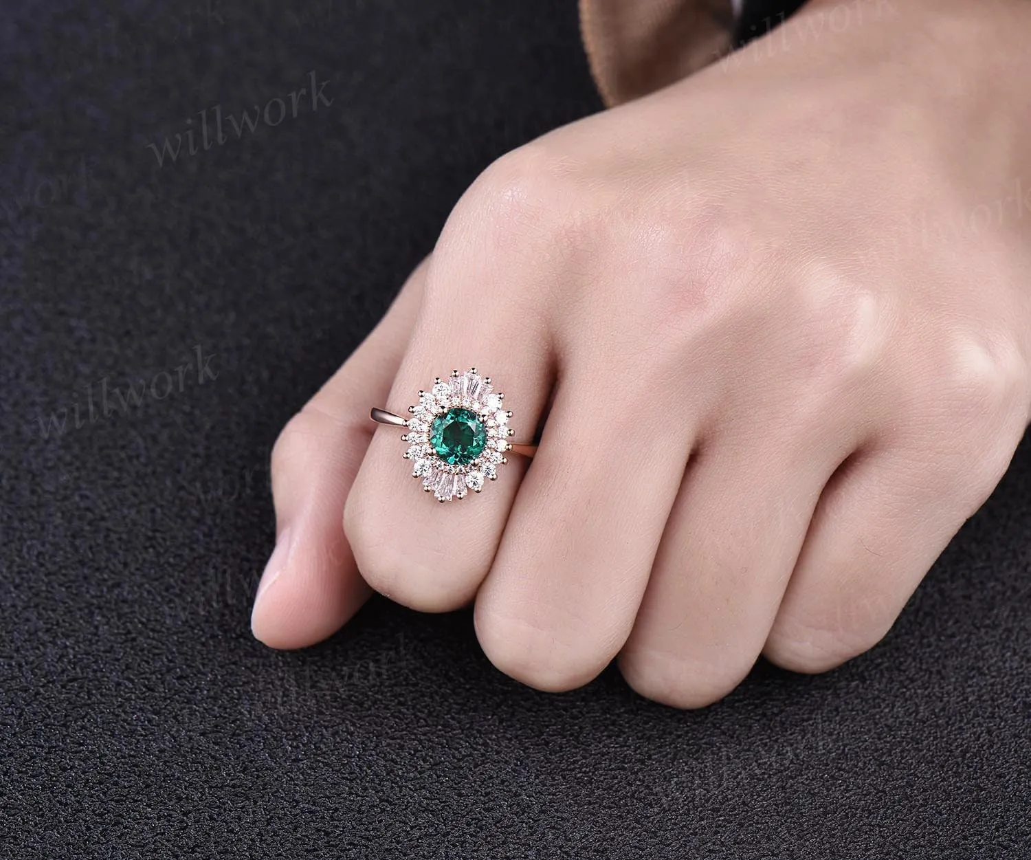 Unique vintage engagement ring round green emerald engagement ring 14k rose gold May birthesotne ring CZ halo cluster ring gift for her sold by Willwork Jewelry product image thumbnail 2