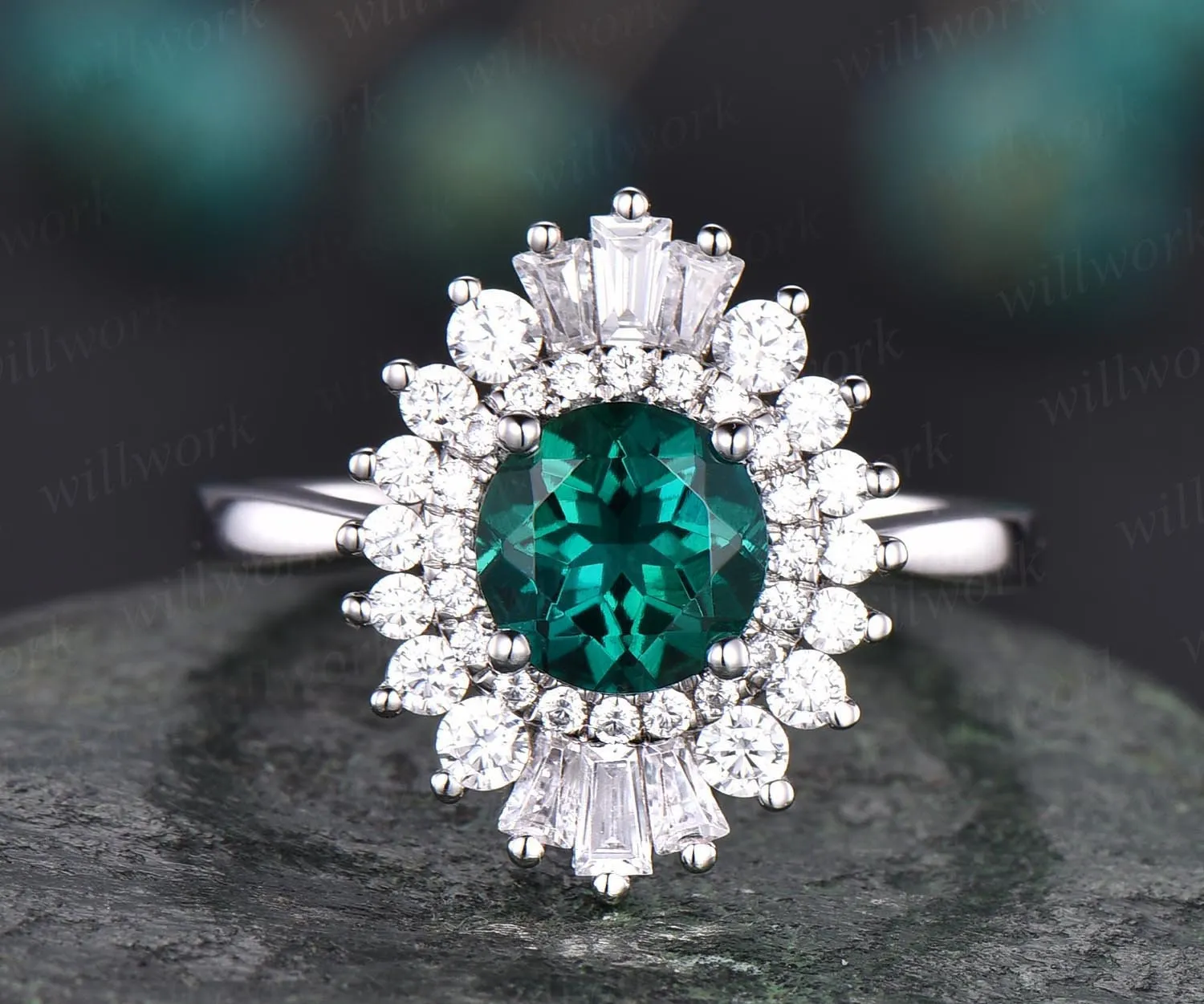 Unique vintage engagement ring round green emerald engagement ring 14k rose gold May birthesotne ring CZ halo cluster ring gift for her sold by Willwork Jewelry product image thumbnail 5