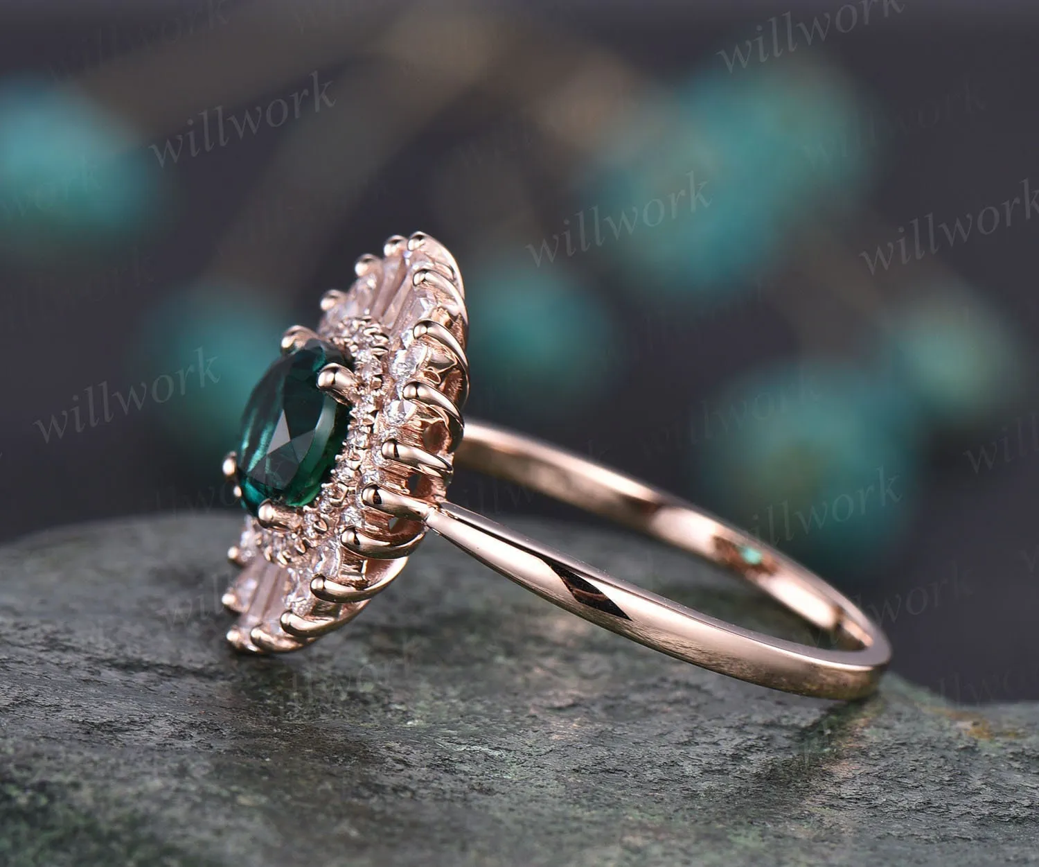 Unique vintage engagement ring round green emerald engagement ring 14k rose gold May birthesotne ring CZ halo cluster ring gift for her sold by Willwork Jewelry product image thumbnail 3