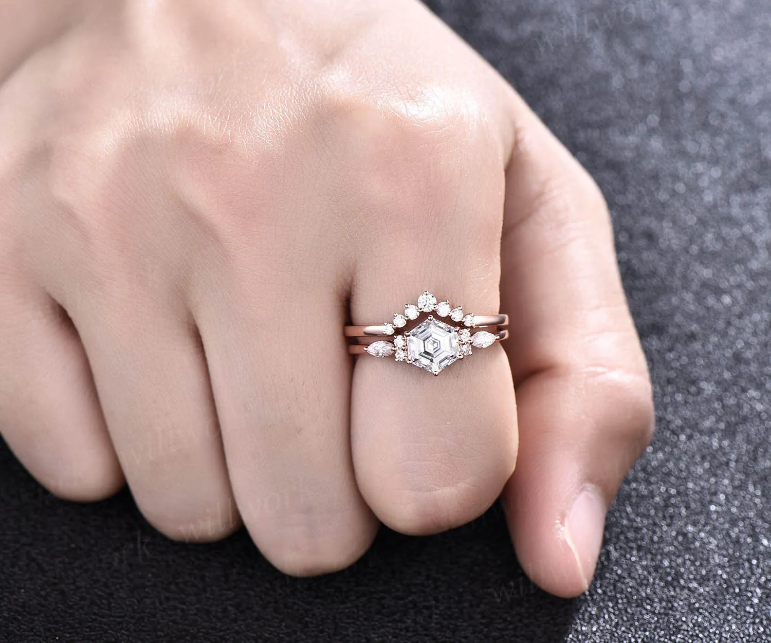 Hexagon moissanite engagement ring set rose gold art deco wedding ring set marquise ring setting prong custom ring dainty bridal ring set sold by Willwork Jewelry product image thumbnail 2