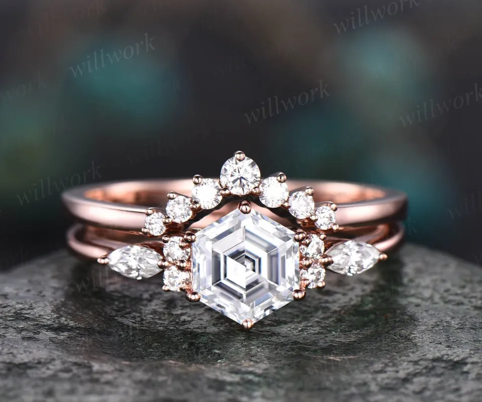 Hexagon moissanite engagement ring set rose gold art deco wedding ring set marquise ring setting prong custom ring dainty bridal ring set sold by Willwork Jewelry