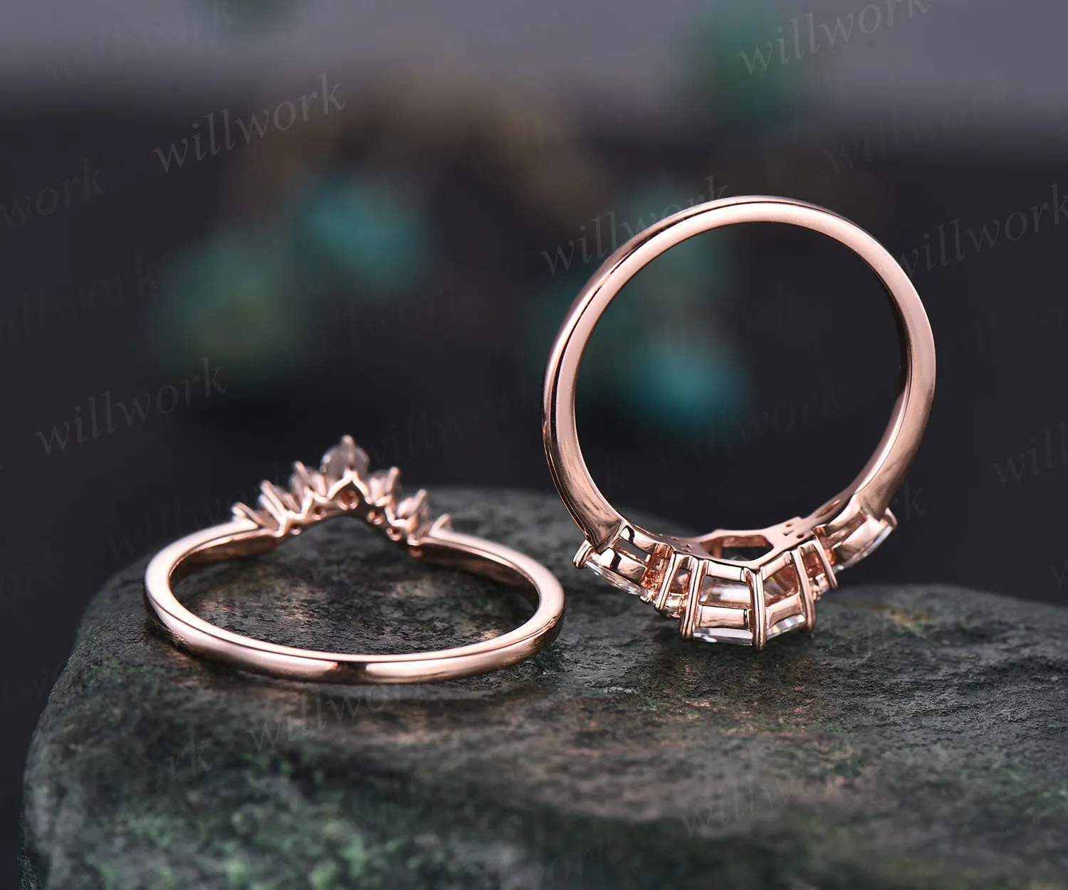 Hexagon moissanite engagement ring set rose gold art deco wedding ring set marquise ring setting prong custom ring dainty bridal ring set sold by Willwork Jewelry product image thumbnail 5