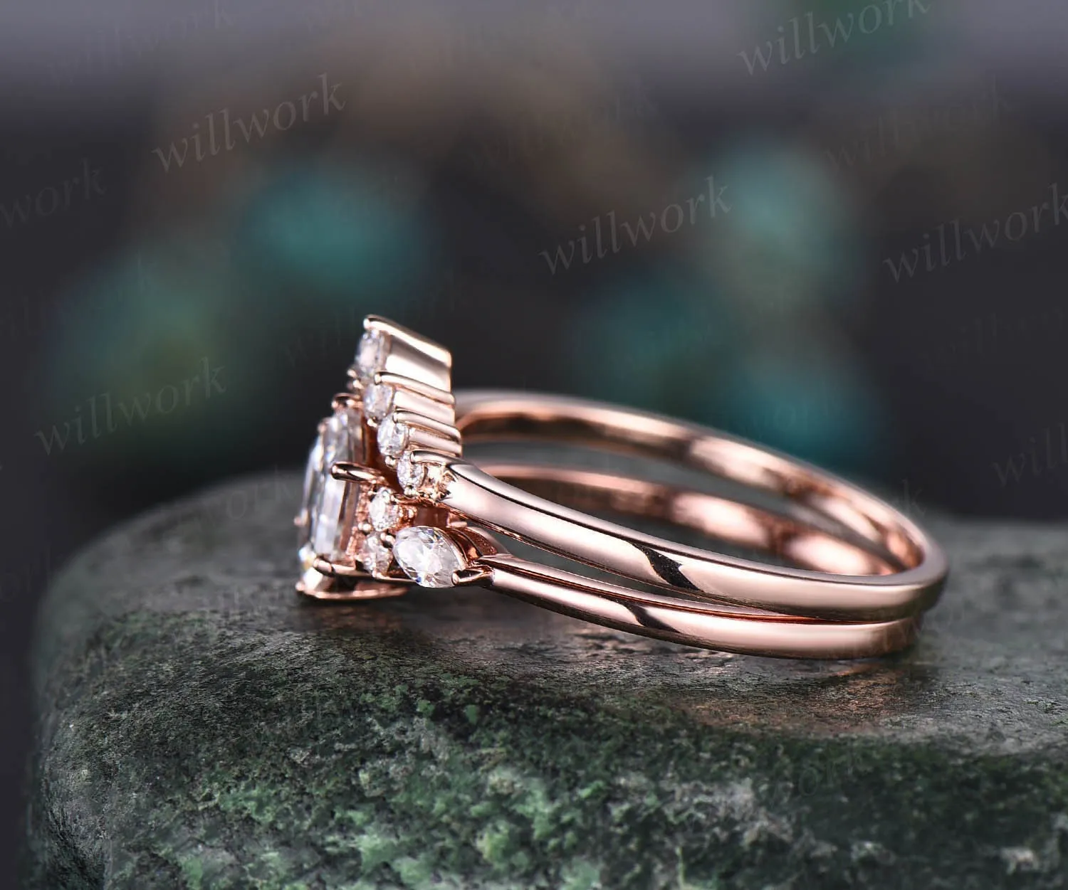 Hexagon moissanite engagement ring set rose gold art deco wedding ring set marquise ring setting prong custom ring dainty bridal ring set sold by Willwork Jewelry product image thumbnail 4