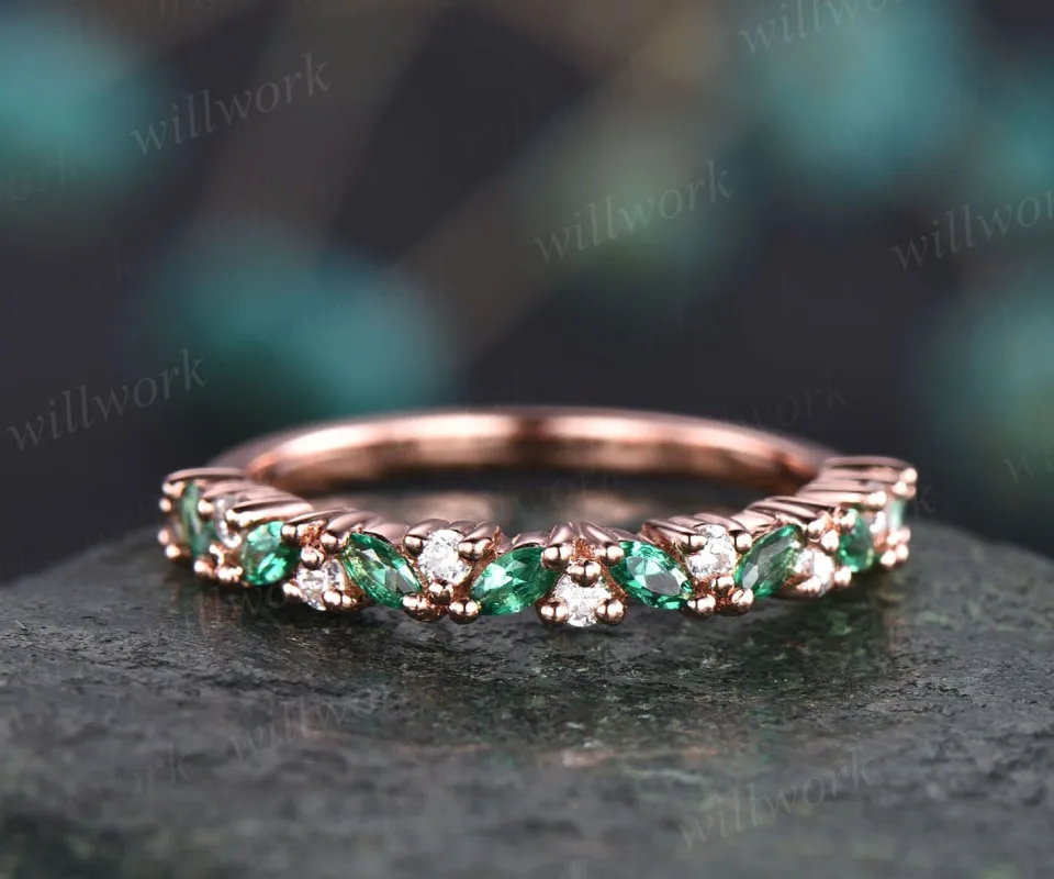 Marquise emerald ring for women vintage solid 14k rose gold ring dainty jewelry moissanite wedding ring emerald wedding band bridal ring sold by Willwork Jewelry