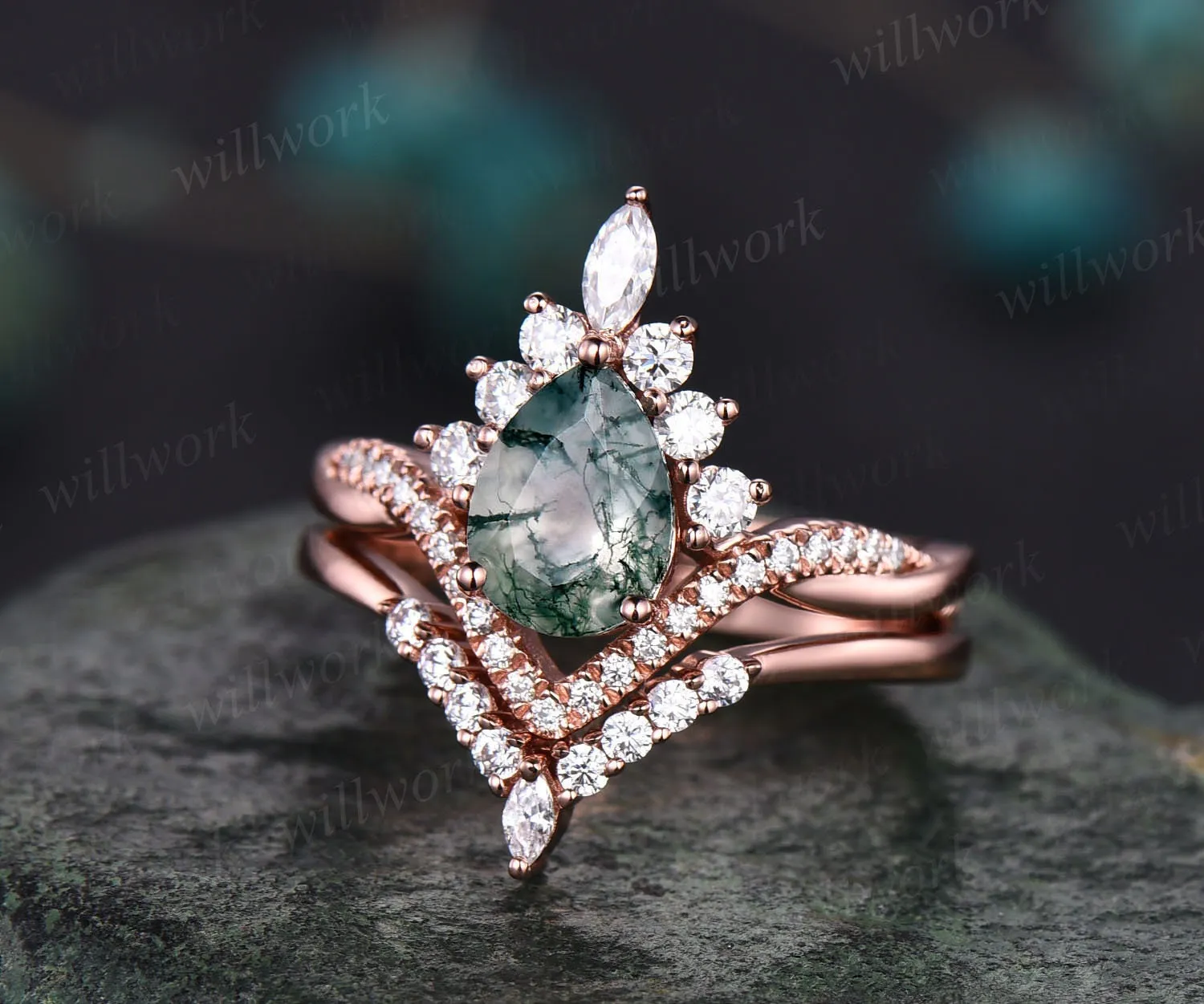 Vintage pear shaped moss agate engagement ring set art deco 14k rose gold twisted infinity moissanite ring for women wedding bridal ring set sold by Willwork Jewelry product image thumbnail 3
