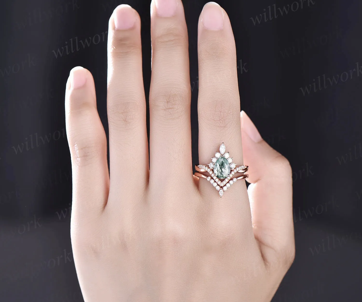 Vintage pear shaped moss agate engagement ring set art deco 14k rose gold twisted infinity moissanite ring for women wedding bridal ring set sold by Willwork Jewelry product image thumbnail 2