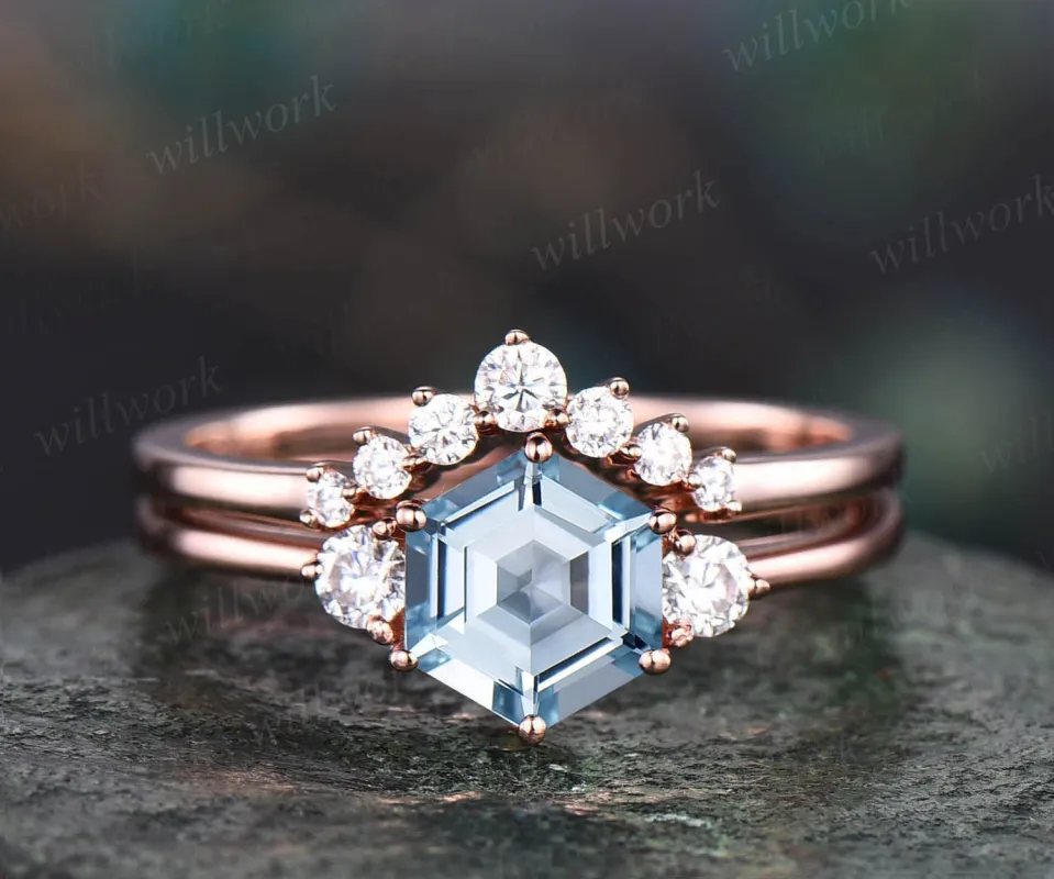 Hexagon cut aquamarine ring gold silver for women vintage unique aquamarine engagement ring set rose gold three stone moissanite bridal ring sold by Willwork Jewelry
