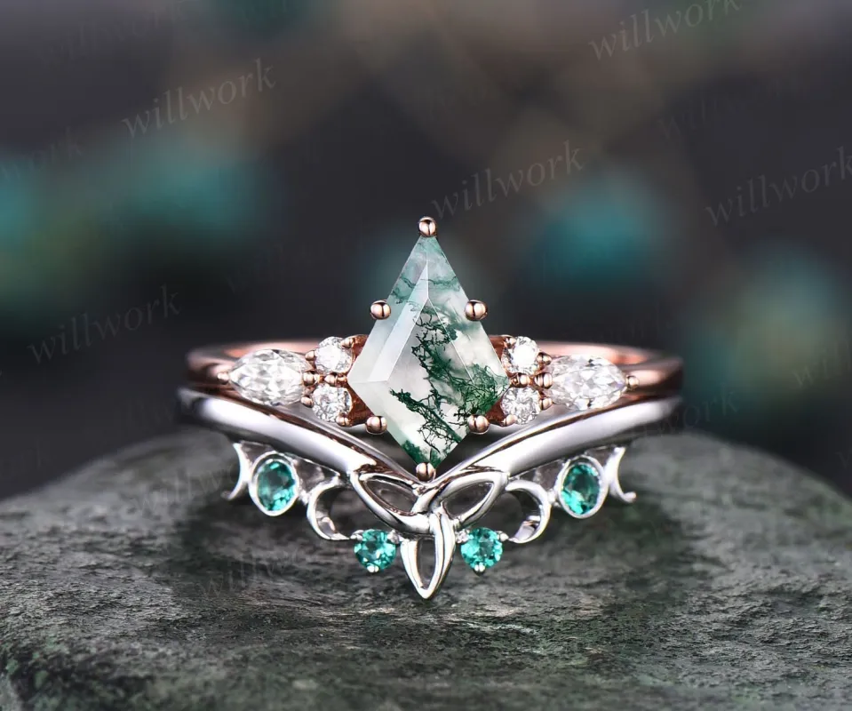 Kite shaped moss agate ring for women vintage unique green moss agate engagement ring set 14k rose gold emerald ring moissanite wedding set sold by Willwork Jewelry