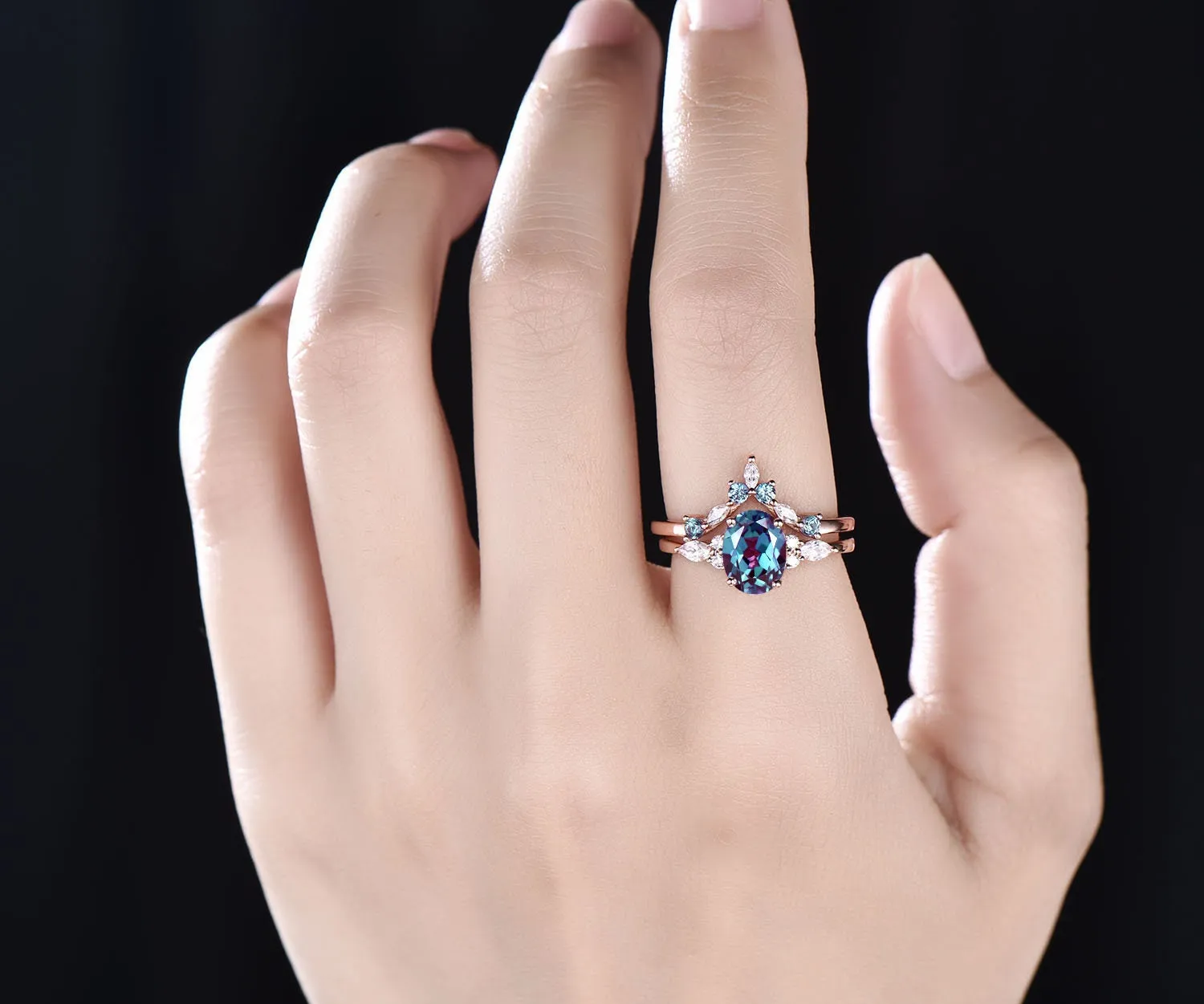 Unique engagement ring set oval cut Alexandrite engagement ring set vintage rose gold ring set cluster marquise ring moissanite ring set sold by Willwork Jewelry product image thumbnail 2