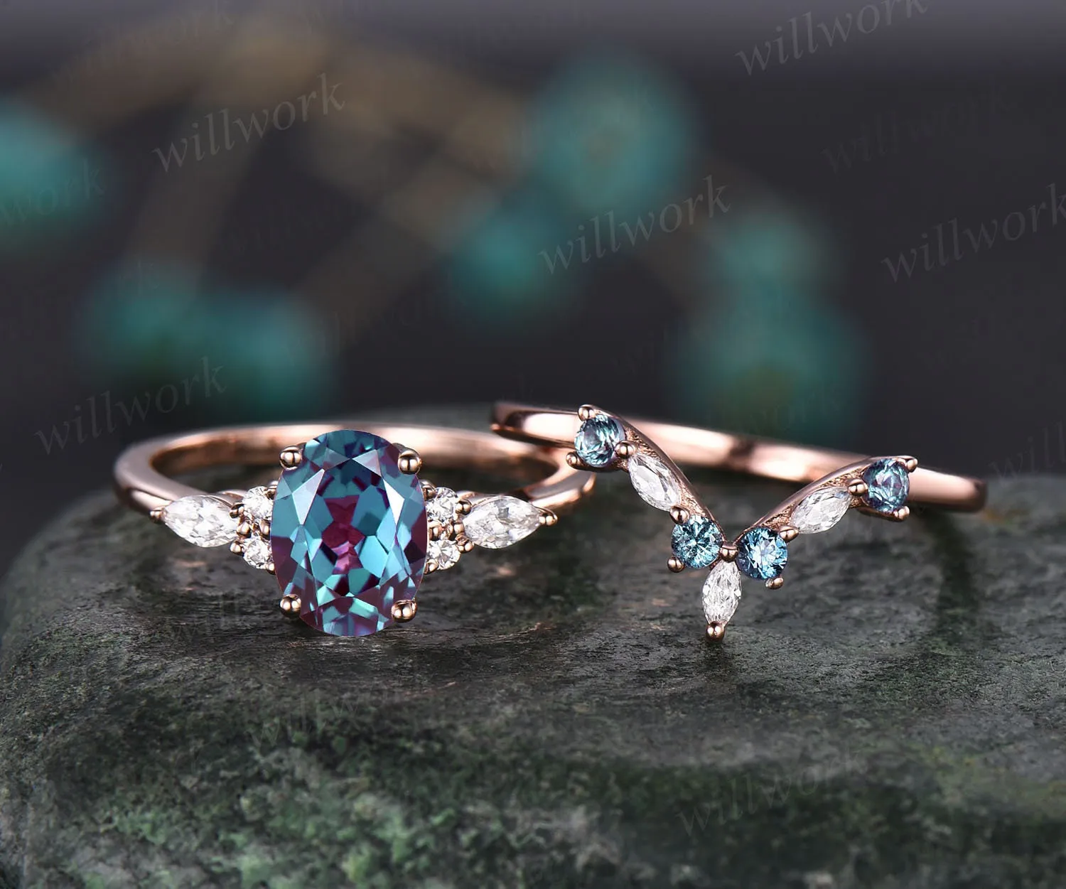 Unique engagement ring set oval cut Alexandrite engagement ring set vintage rose gold ring set cluster marquise ring moissanite ring set sold by Willwork Jewelry product image thumbnail 3