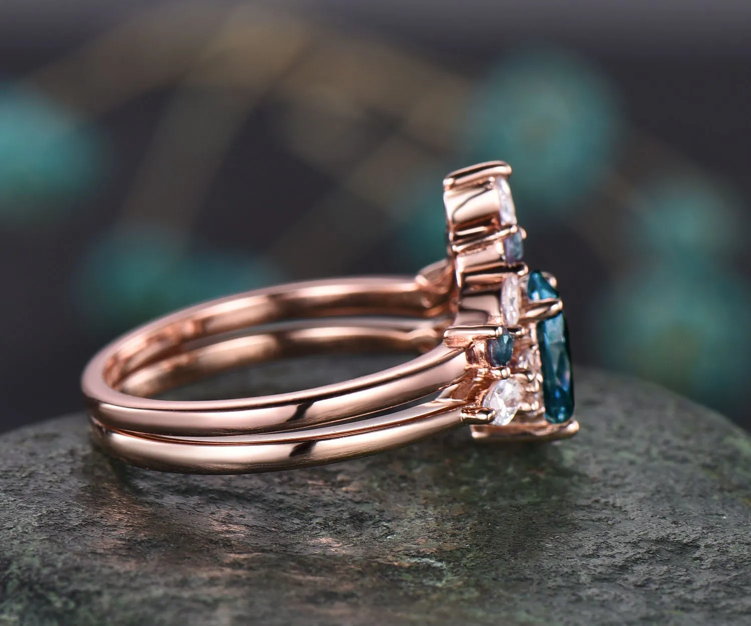 Unique engagement ring set oval cut Alexandrite engagement ring set vintage rose gold ring set cluster marquise ring moissanite ring set sold by Willwork Jewelry product image thumbnail 5