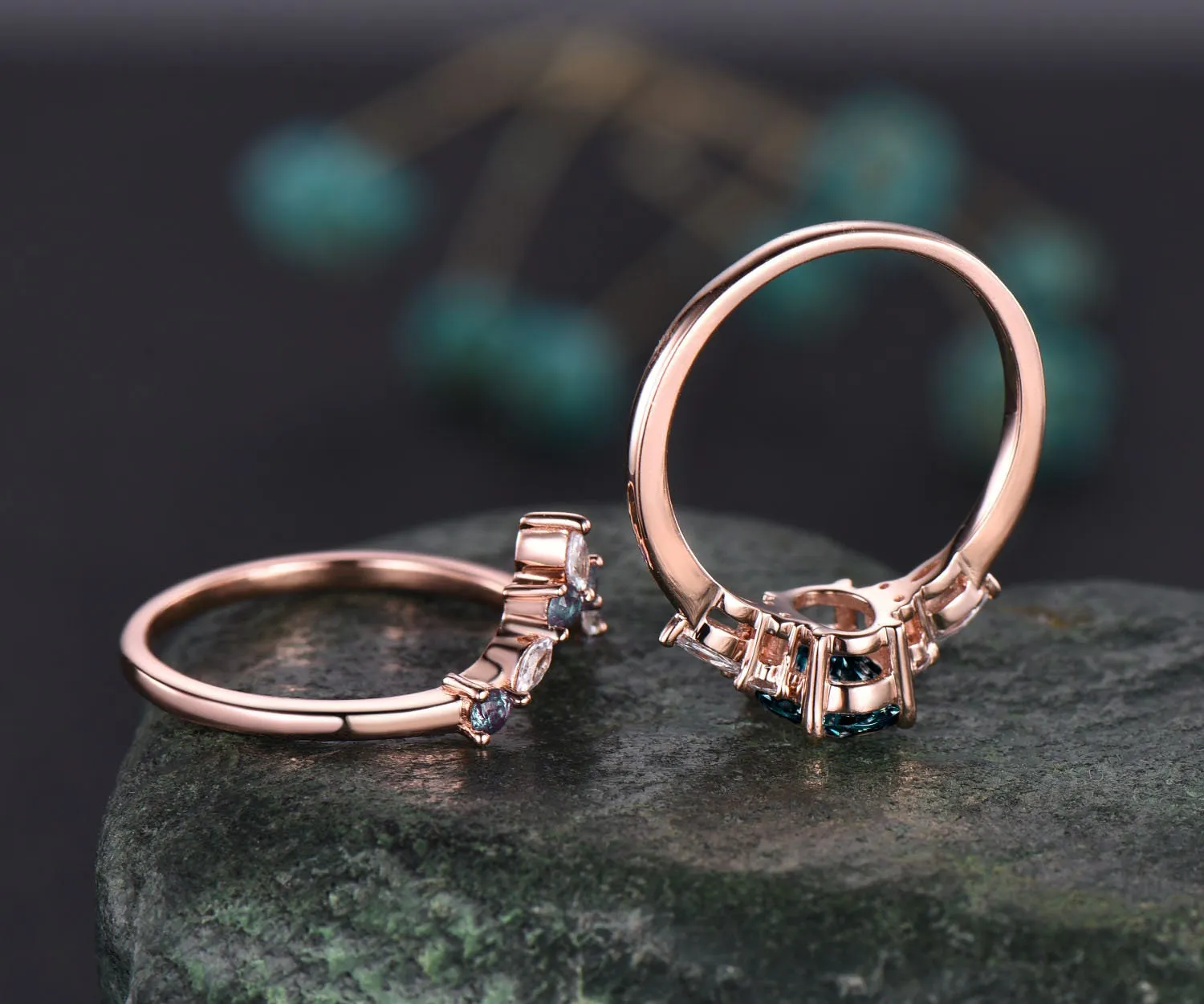 Unique engagement ring set oval cut Alexandrite engagement ring set vintage rose gold ring set cluster marquise ring moissanite ring set sold by Willwork Jewelry product image thumbnail 4