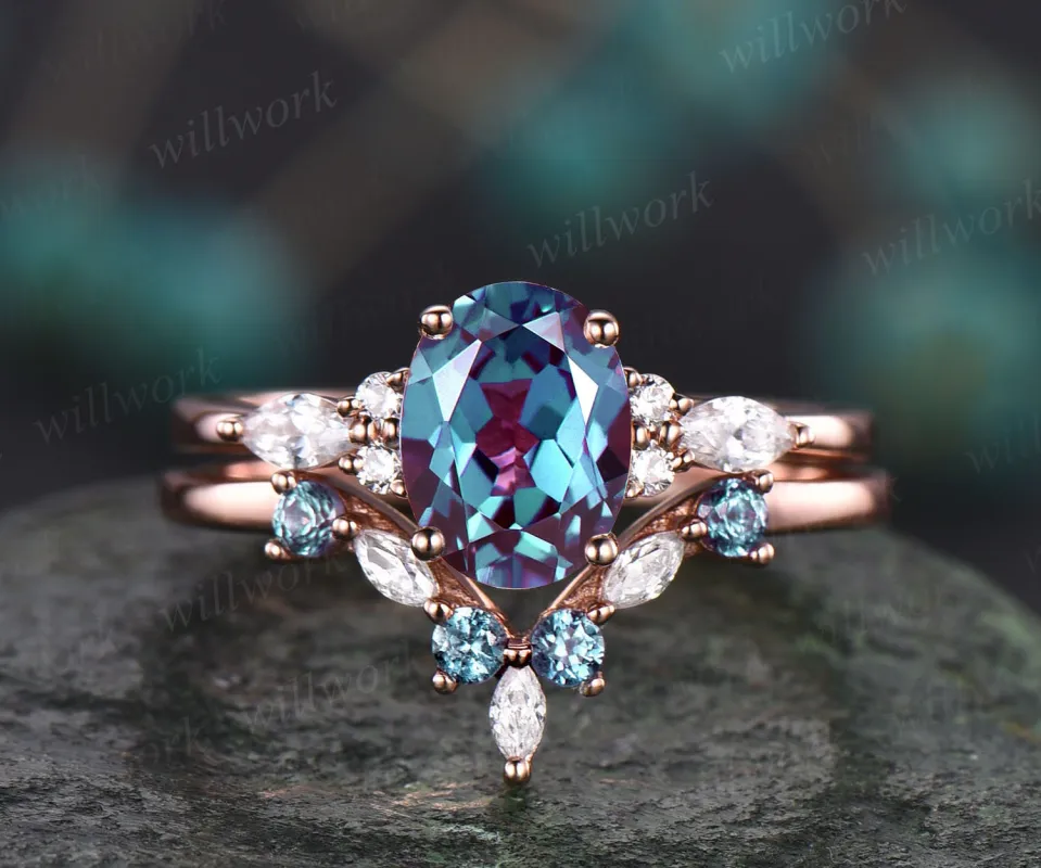 Unique engagement ring set oval cut Alexandrite engagement ring set vintage rose gold ring set cluster marquise ring moissanite ring set sold by Willwork Jewelry