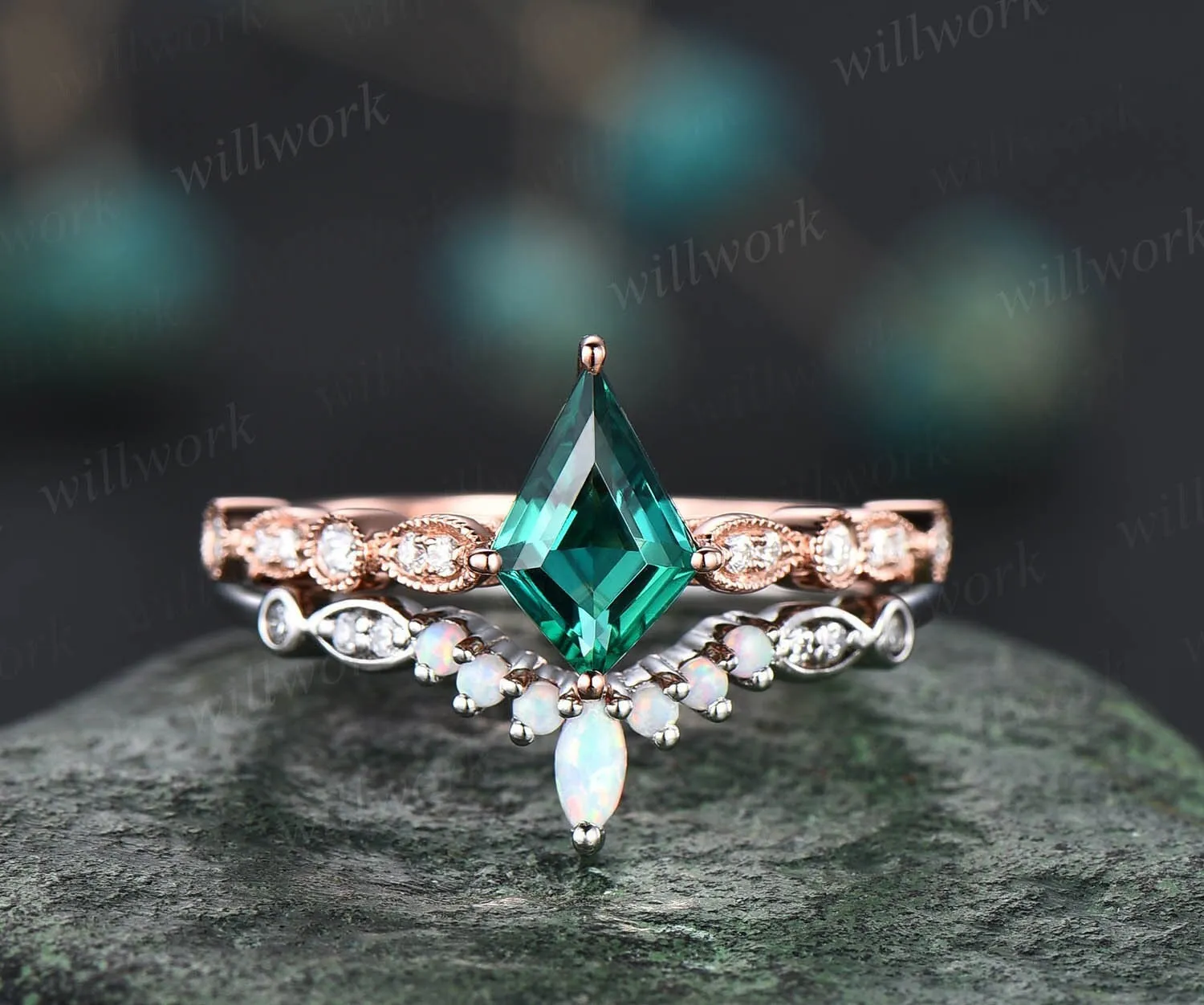 Unique emerald engagement ring set rose gold kite shaped ring art deco milgrain diamond ring vintage opal ring for women wedding ring set sold by Willwork Jewelry