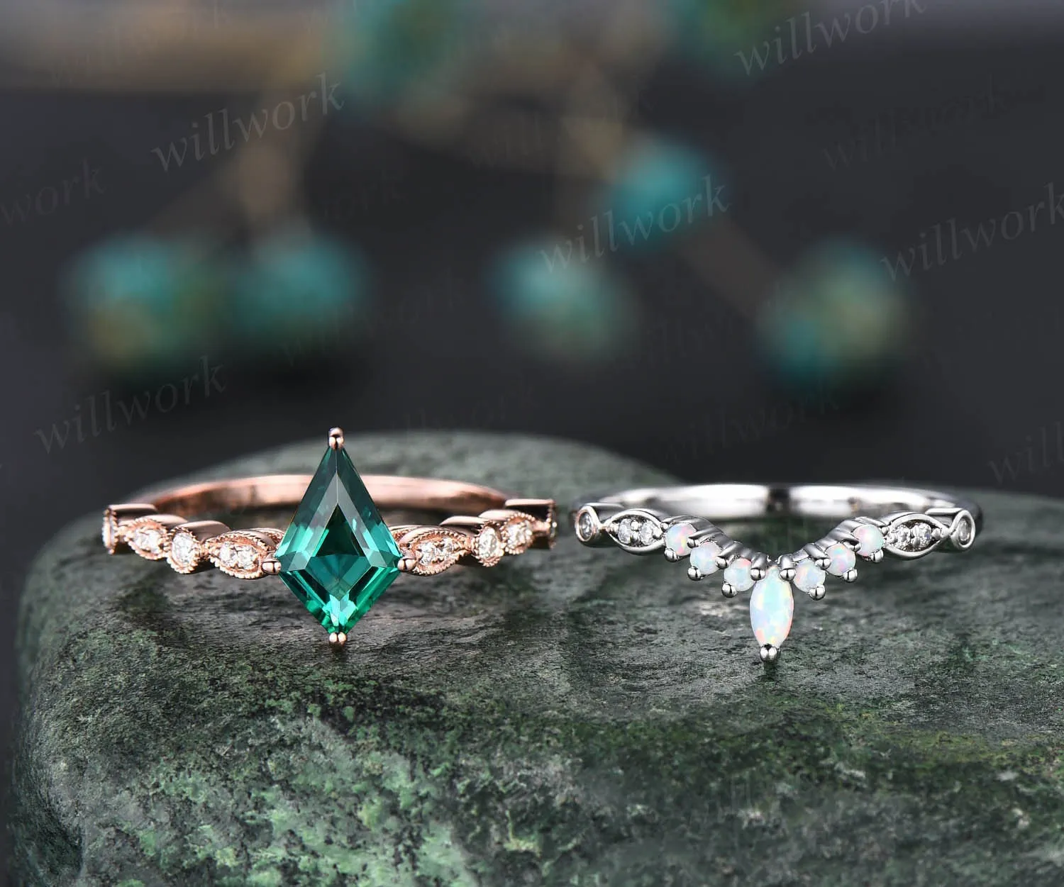 Unique emerald engagement ring set rose gold kite shaped ring art deco milgrain diamond ring vintage opal ring for women wedding ring set sold by Willwork Jewelry product image thumbnail 3