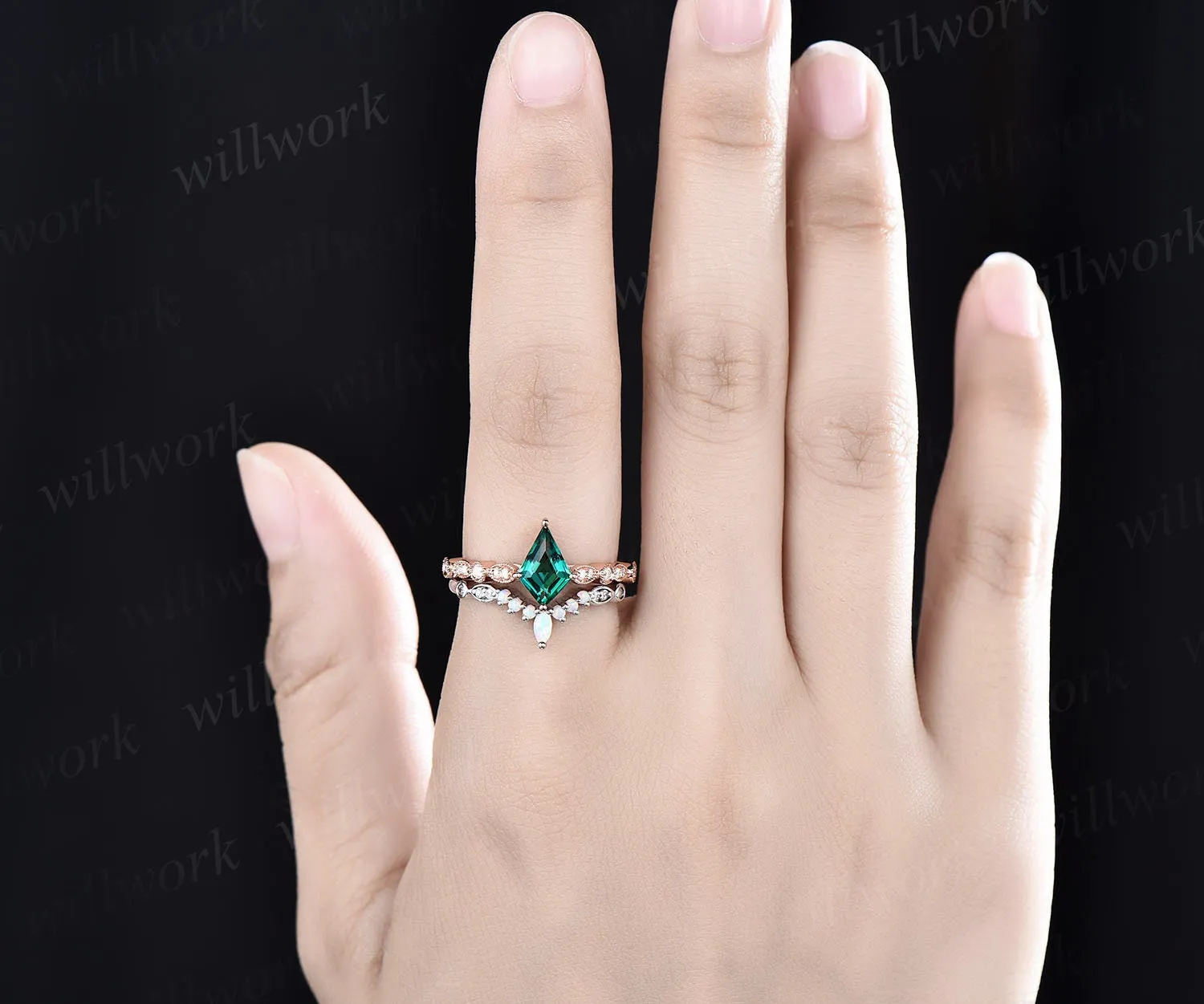 Unique emerald engagement ring set rose gold kite shaped ring art deco milgrain diamond ring vintage opal ring for women wedding ring set sold by Willwork Jewelry product image thumbnail 2