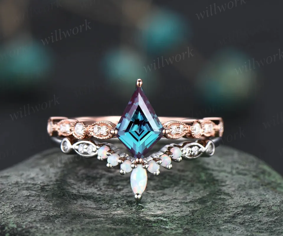 Unique Alexandrite engagement ring set rose gold kite cut ring art deco milgrain diamond ring vintage opal ring for women bridal ring set sold by Willwork Jewelry