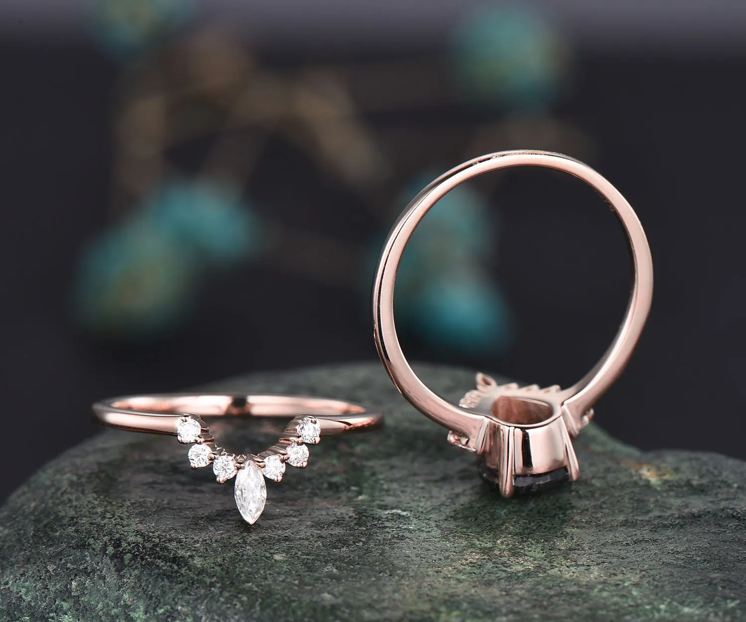 Unique wedding ring set vintage Pear shaped green moss agate engagement ring set rose gold art deco ring halo marquise cut moissanite ring sold by Willwork Jewelry product image thumbnail 5