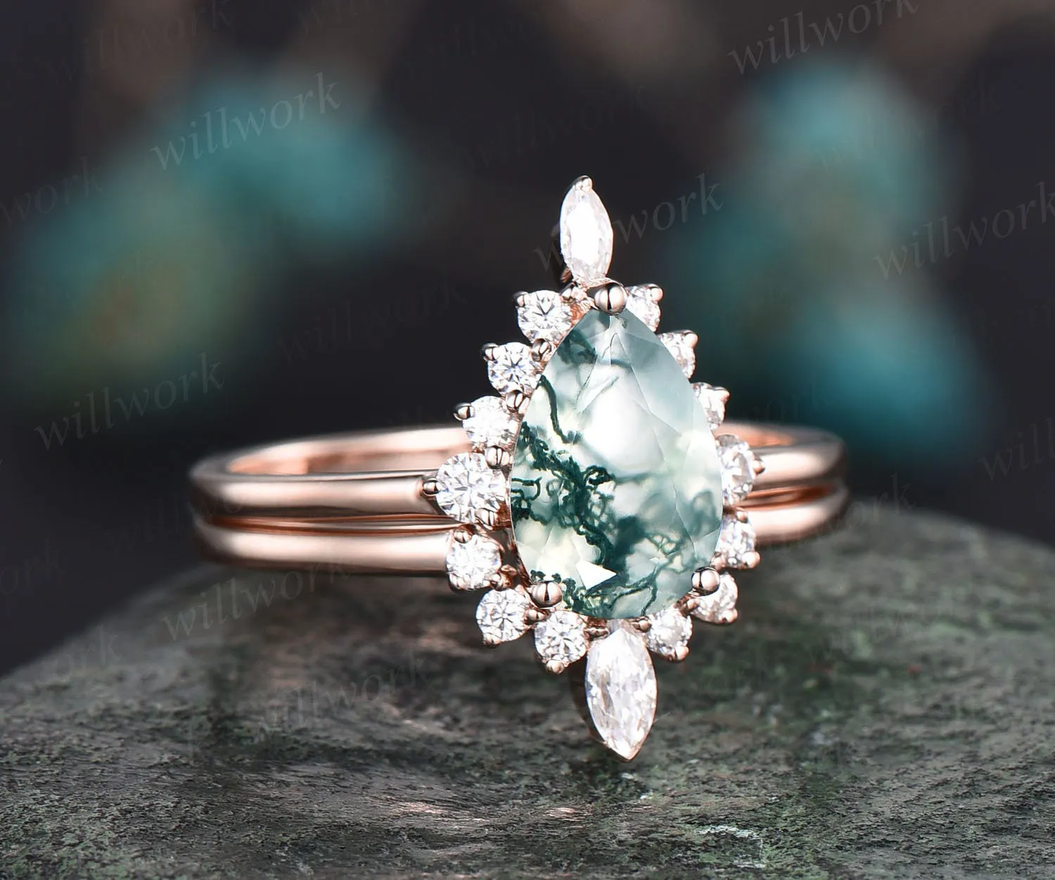 Unique wedding ring set vintage Pear shaped green moss agate engagement ring set rose gold art deco ring halo marquise cut moissanite ring sold by Willwork Jewelry product image thumbnail 3
